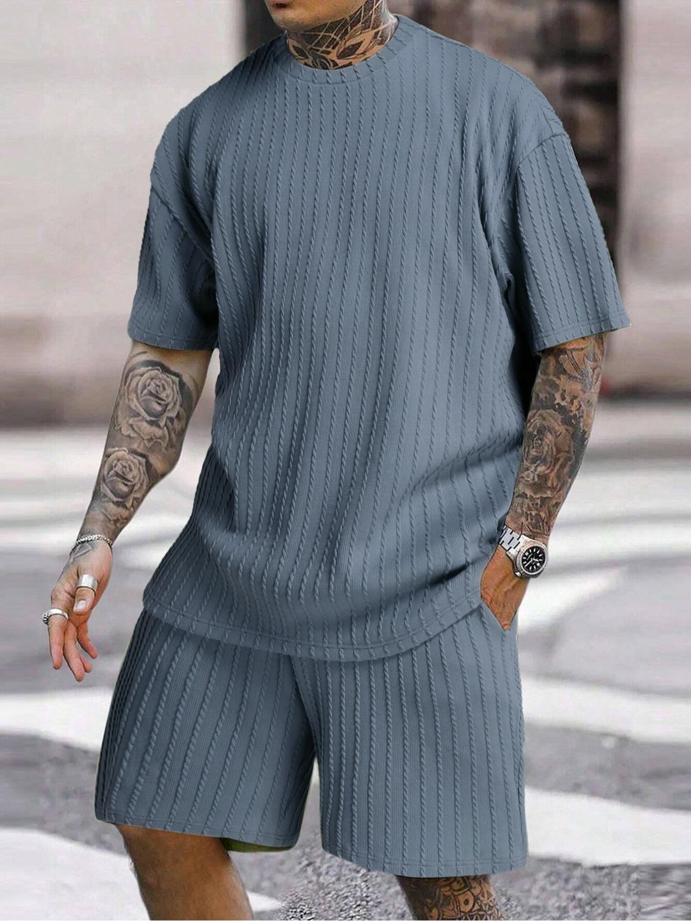 Men’s Streetwear 2-Piece Set – Soft Textured Knit Oversized Tee & Drawstring Shorts, Casual Summer Outfit