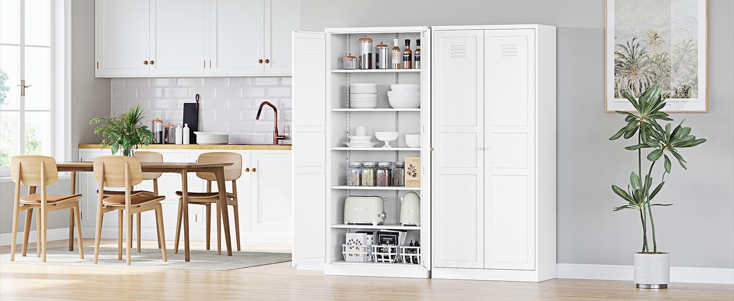 Yizosh Metal Storage Cabinet with 2 Doors & Adjustable Shelves 71" White Kitchen Pantry 5-Tier Tall Steel Locker for Kitchen Living Room Dinning Room