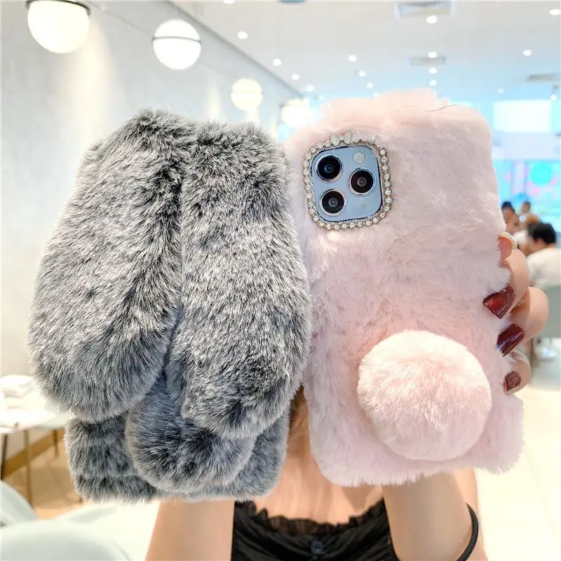 Soft Plush Warm Fluffy Fur iPhone Case with Cute Rabbit Ears, Mobile Phone Accessories That Fits iPhone 5,5S,SE,6,6S,7,8 Plus,11,12 Pro,13,14,X,XS Max,XR
