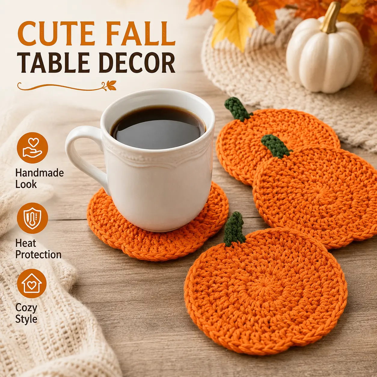 Autumn Crochet Pumpkin Drink Coasters Set of 5 , Handmade Table Mats, Farmhouse Fall Decor, Thanksgiving & Halloween Kitchen Table Accessories