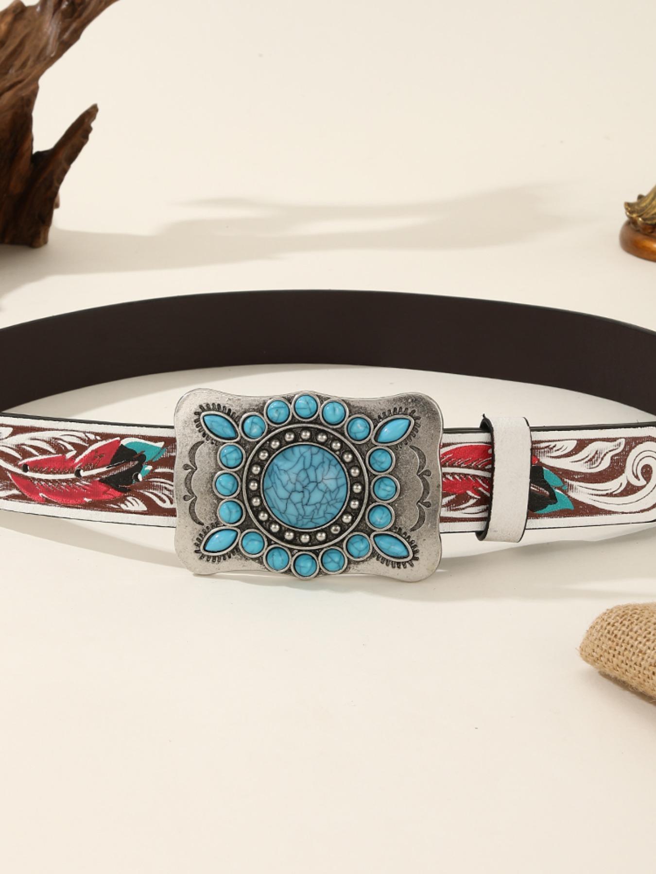 Wide Belt for Women, Vintage Court Style, Sapphire Inlaid Oval Western Buckle, Pants Waist Belt, Cross-Border Fashion Accessory