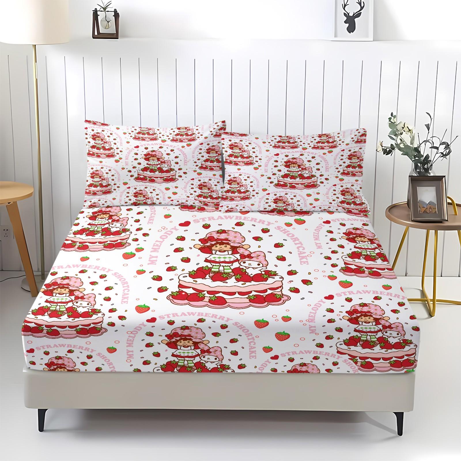 Strawberry Shortcake x My Melody Fitted Sheet Set, 1 Fitted Sheet + 2 Pillowcases - 3 Pcs Soft Bedding with Deep Pocket, 360° Full Coverage, Wrinkle Free, Cute Strawberry Cake Cartoon Bed Sheets for Girls, Full Size