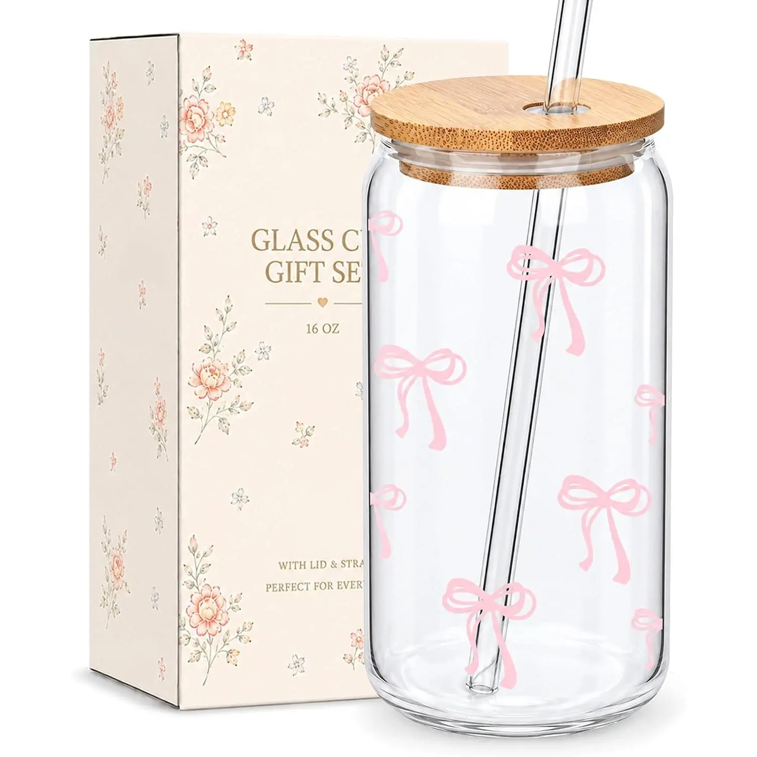 Aesthetic Glass Cups with  and Straws -  Bow Iced Coffee Cup Decor, Cute Tumbler Smoothie with Cleaning Brush& Box, Gifts for Girls Women , 16 oz