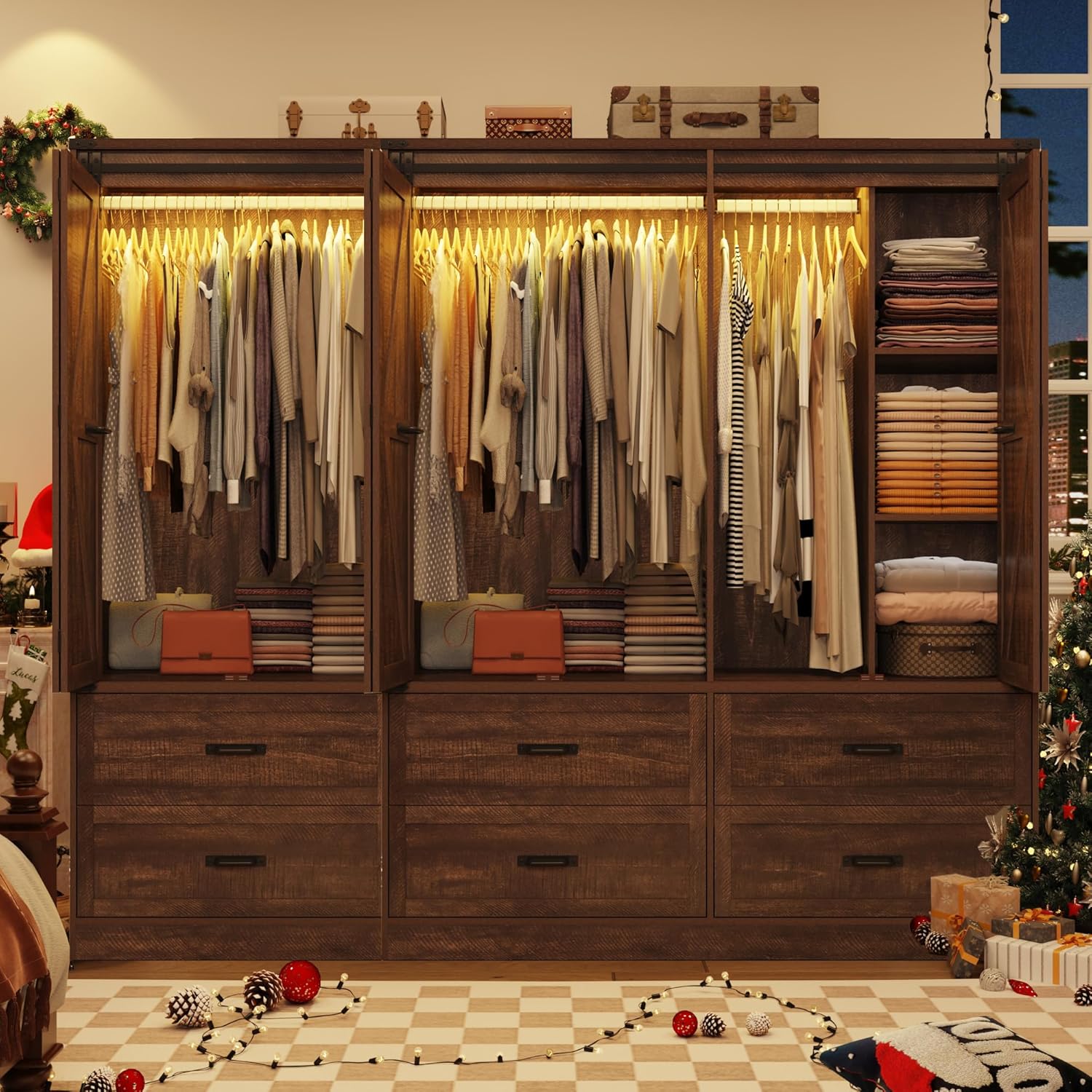 Farmhouse 6 Doors/4 Doors/3 Doors Armoire Wardrobe Closet w/Folding Sliding Barn Door and Lights, LED Armoire Closet w/Drawers for Bedroom, Freestanding Wooden Wardrobe Storage Closets w/Hanging Rod (Antique White/Rustic Brown/Black) Farmhouse 6 Doors/4 Doors/3 Doors Armoire Wardrobe Closet w/Folding Sliding Barn Door and Lights, LED Armoire Closet w/Drawers for Bedroom, Freestanding Wooden Wardrobe Storage Closets w/Hanging Rod (Antique White/Rustic Brown/Black)