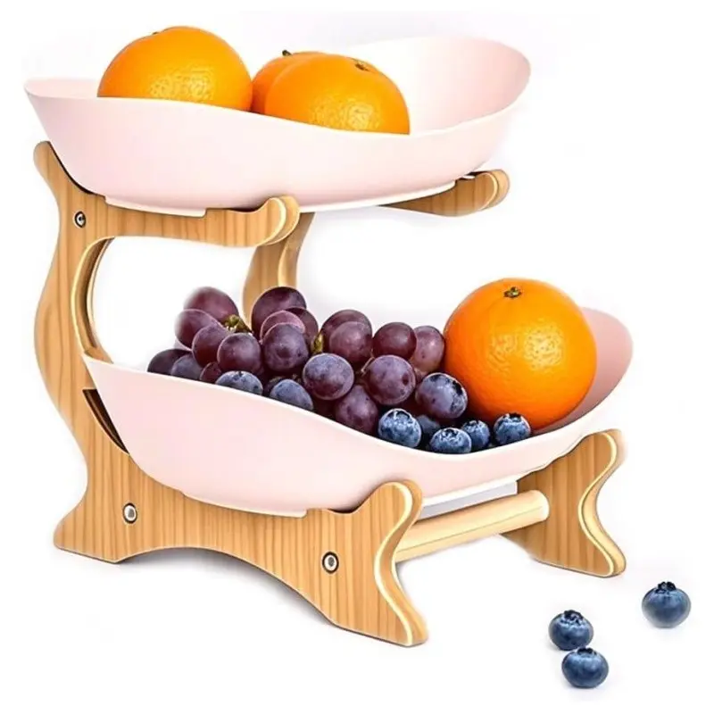 Double Layer Fruit Storage Rack with Bamboo Stand, Kitchen Counter Snack Organizer, Ideal for Fruits, Vegetables, Nuts, Candies, Party Gift