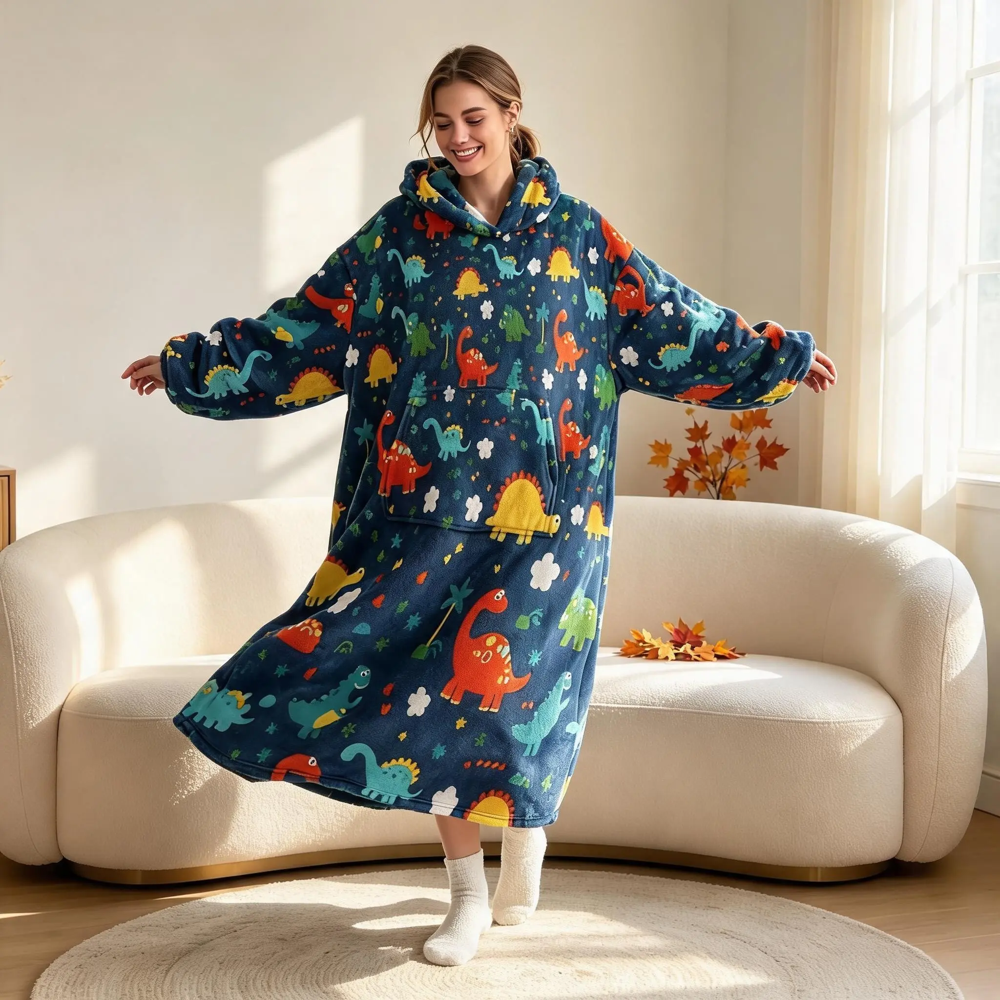 1pc Flannel Hooded Wearable Blanket, Cartoon Dinosaur Print, Loose Fit with Pockets, Home Nap Sofa Play, Fun Birthday Gift