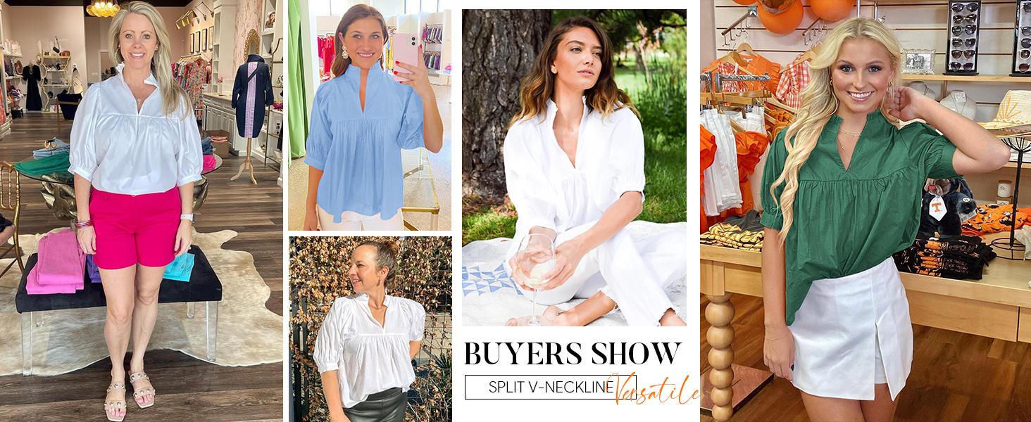 Cicy Bell Womens V Neck Puff Sleeve Blouse Babydoll Peplum Tops Dressy Casual Pleated Loose Fit Shirts