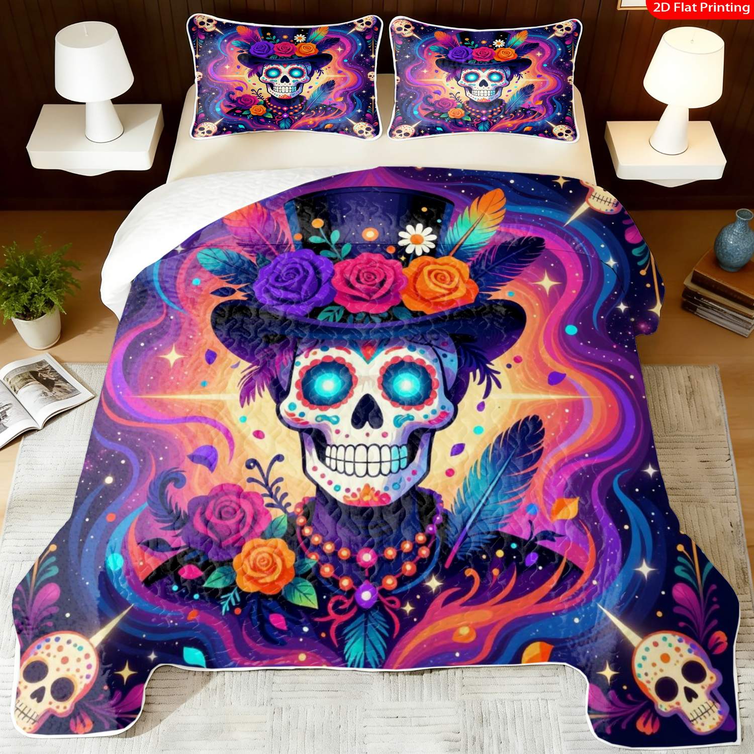 3 pcs, 2D Flat Print Day of the Dead Skull Art Bedspread Set, Soft and Comfortable, Multiple Sizes Available, Suitable for Gifting and Daily Use, Ideal for Creating a Cozy Home Atmosphere(1 bedspread , 2 pillowcases)