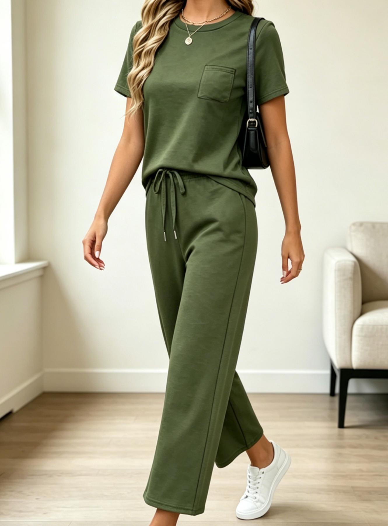 Women's Fashion Solid Color Casual Round Neck Pocket T-Shirt + Drawstring Wide Leg Pants Set Loose Fit Slimming Wide Leg Pants Two-Piece Set Suitable for Summer Commuting to Work Shopping Outings Indoor and Outdoor Wear