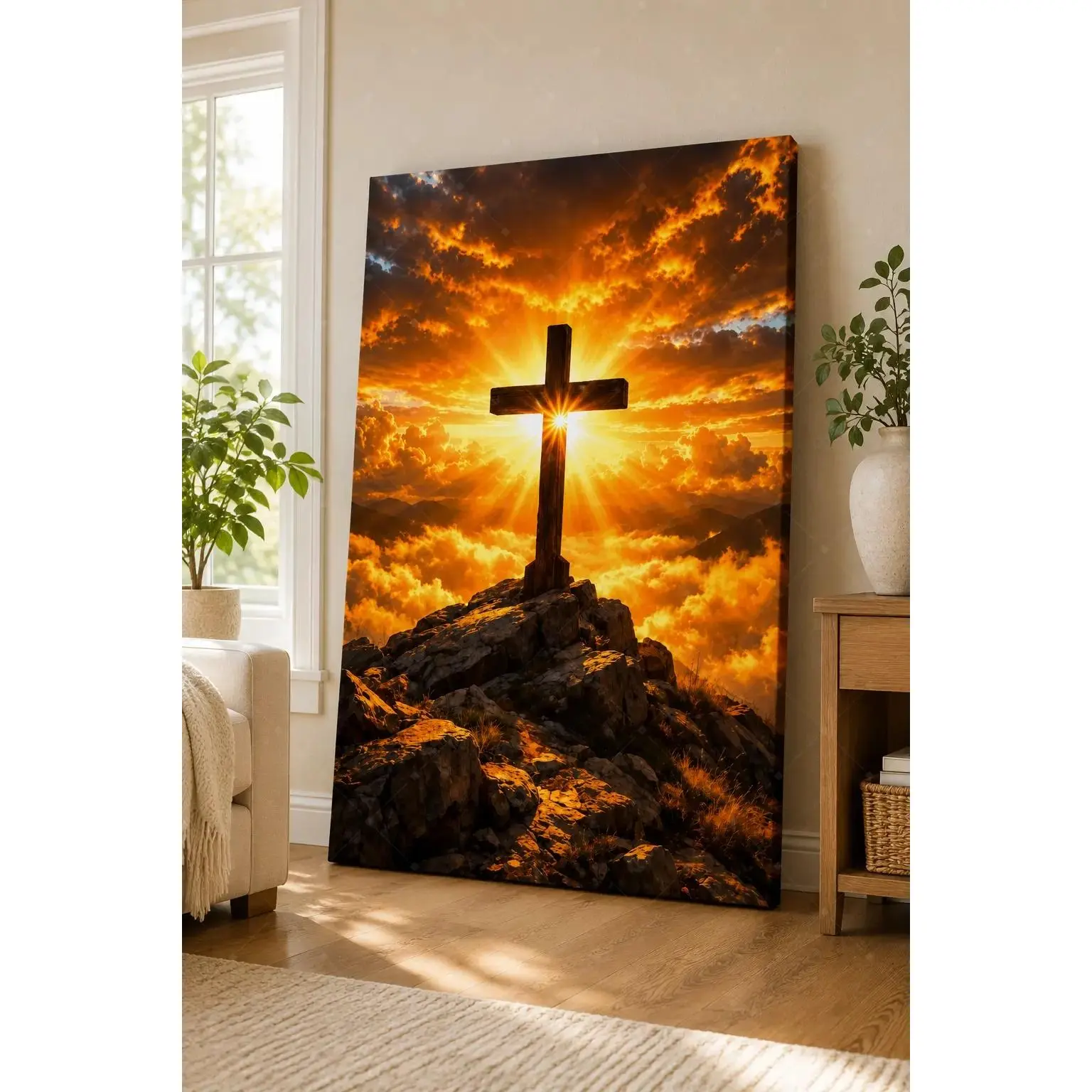 Golden Sunrise Cross Christian Poster, Dramatic Mountain Faith Wall Decor, Glowing Clouds and Sun Rays Religious Canvas Art for Living Room, Bedroom, Prayer Room, Church Office, Bible Study Space and Entryway