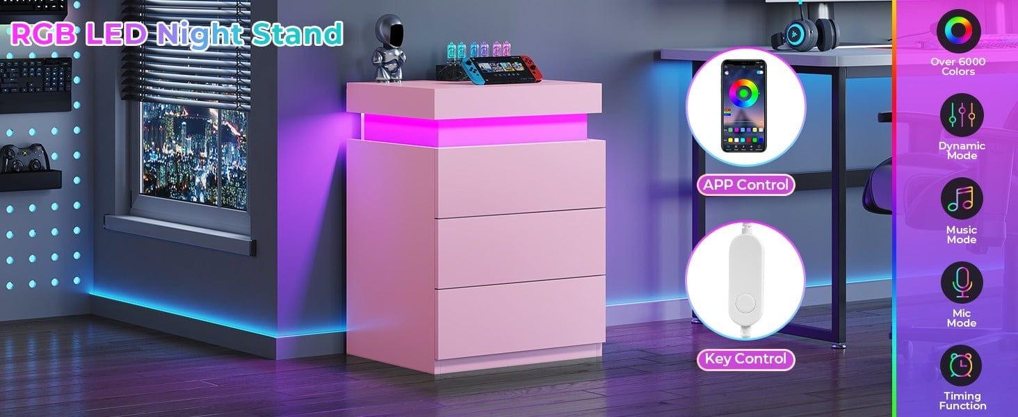 Sikaic Nightstand with LED Lights Charging Station Pink Modern Bedside Table with 3 Storage Drawers and Top Sliding Drawer
