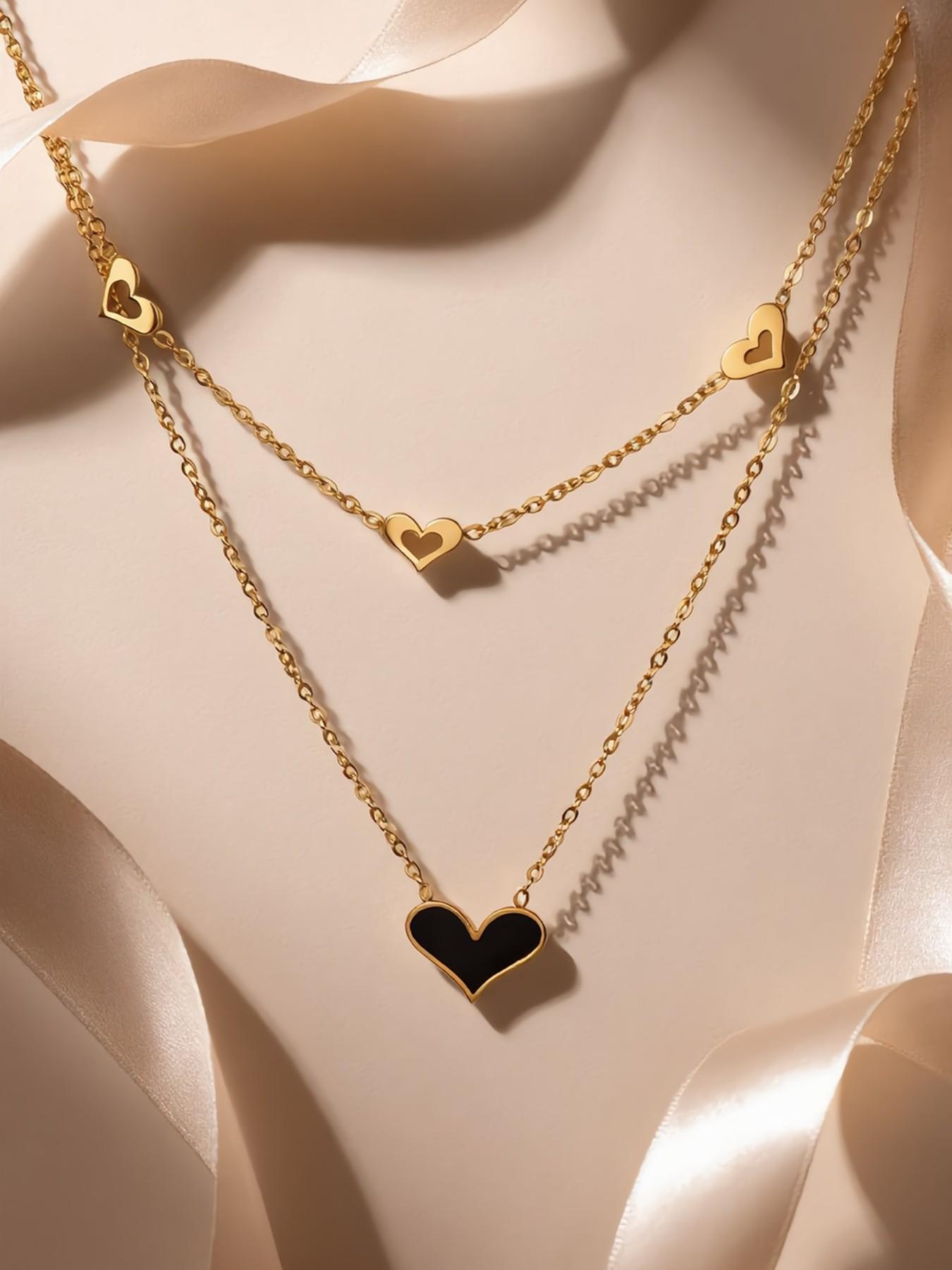 Titanium Steel Double Layer Heart Necklace for Women, Elegant Lockbone Chain, Sparkle Decor, Perfect for Parties and Daily Wear