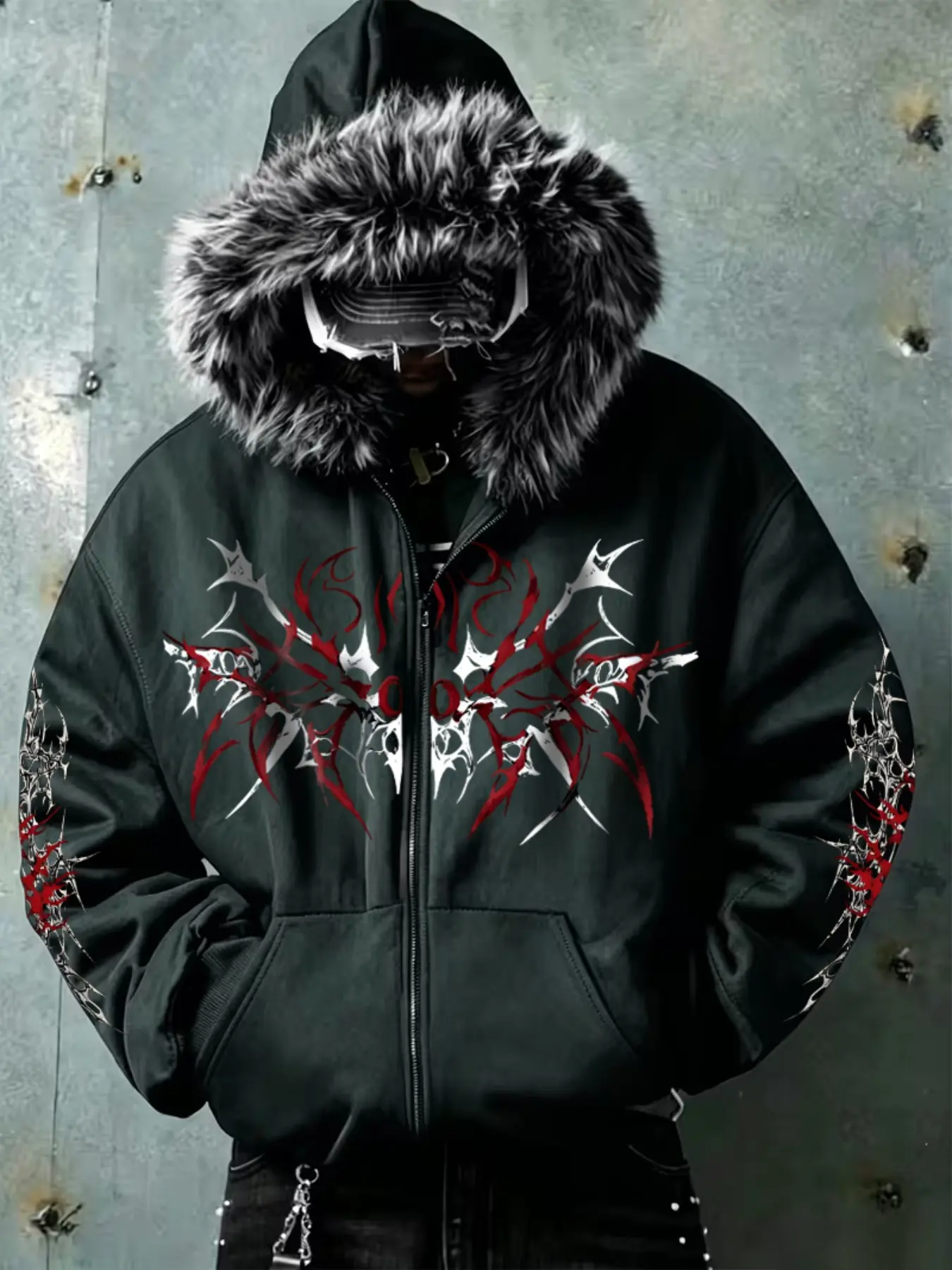 Autumn Winter Gothic Spider Thorn Print Fur Collar Hooded Jacket, High Street Y2K Zipper Cardigan, Loose Fit Men's Outerwear