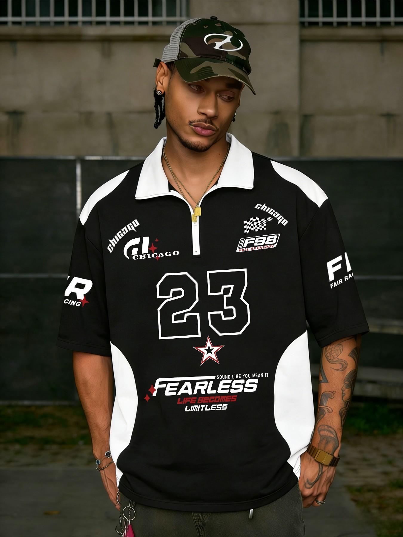 Men's Half-Zip Polo Shirt, Racing Numbers & Chicago Letters Print, Colorblock Design, Breathable Fabric, Streetwear Fashion