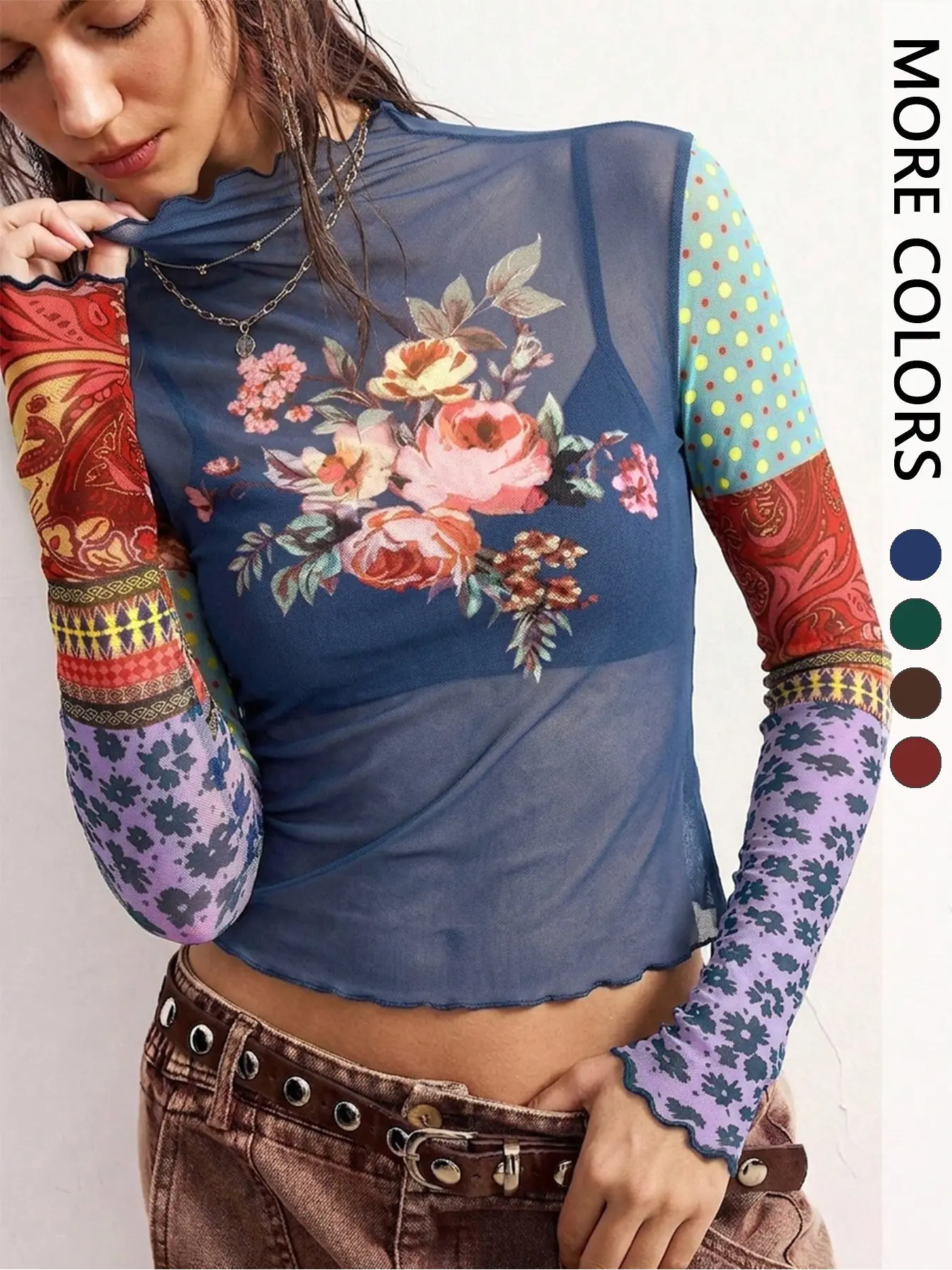 Y2K Floral Sheer Mesh Lightweight Crop Top Contrast Patchwork Long Sleeve Shirt