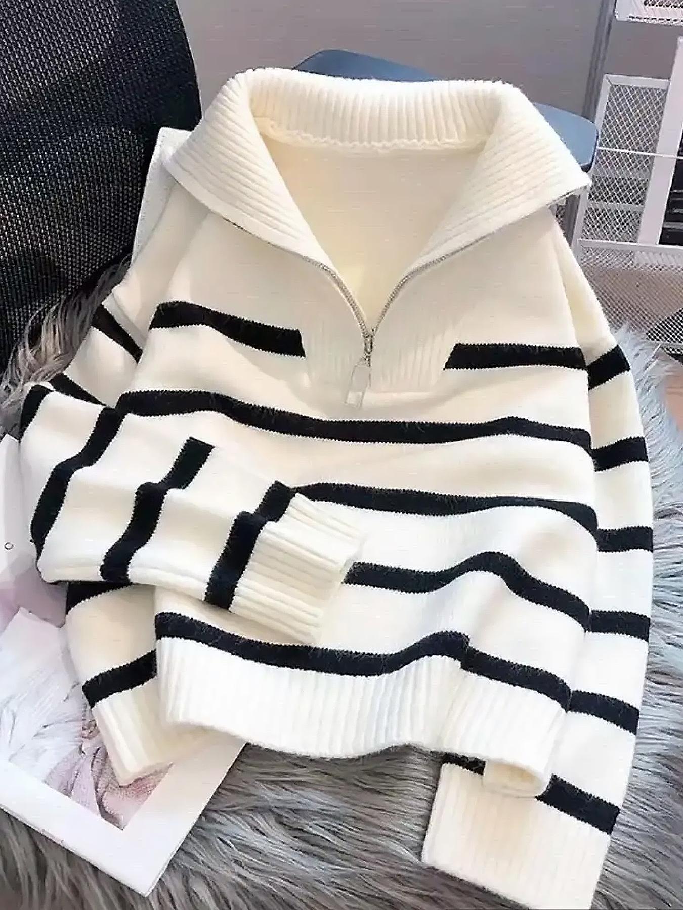 Women's Striped Print Zipper Drop Shoulder Sweater, Casual Long Sleeve Collared Jumper for Daily Outdoor Wear, Women Knitwear Top for Fall & Winter, National Day Clothing