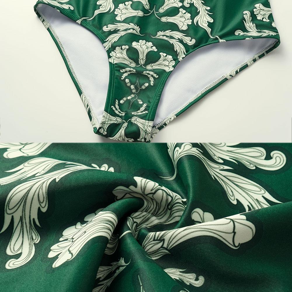 FLAXMAKER Women's V Neck Green Print One Piece Swimsuit and Matching Cover Skirt Set Swimdress Tummy Control Bathing Suit Stylish Beachwear