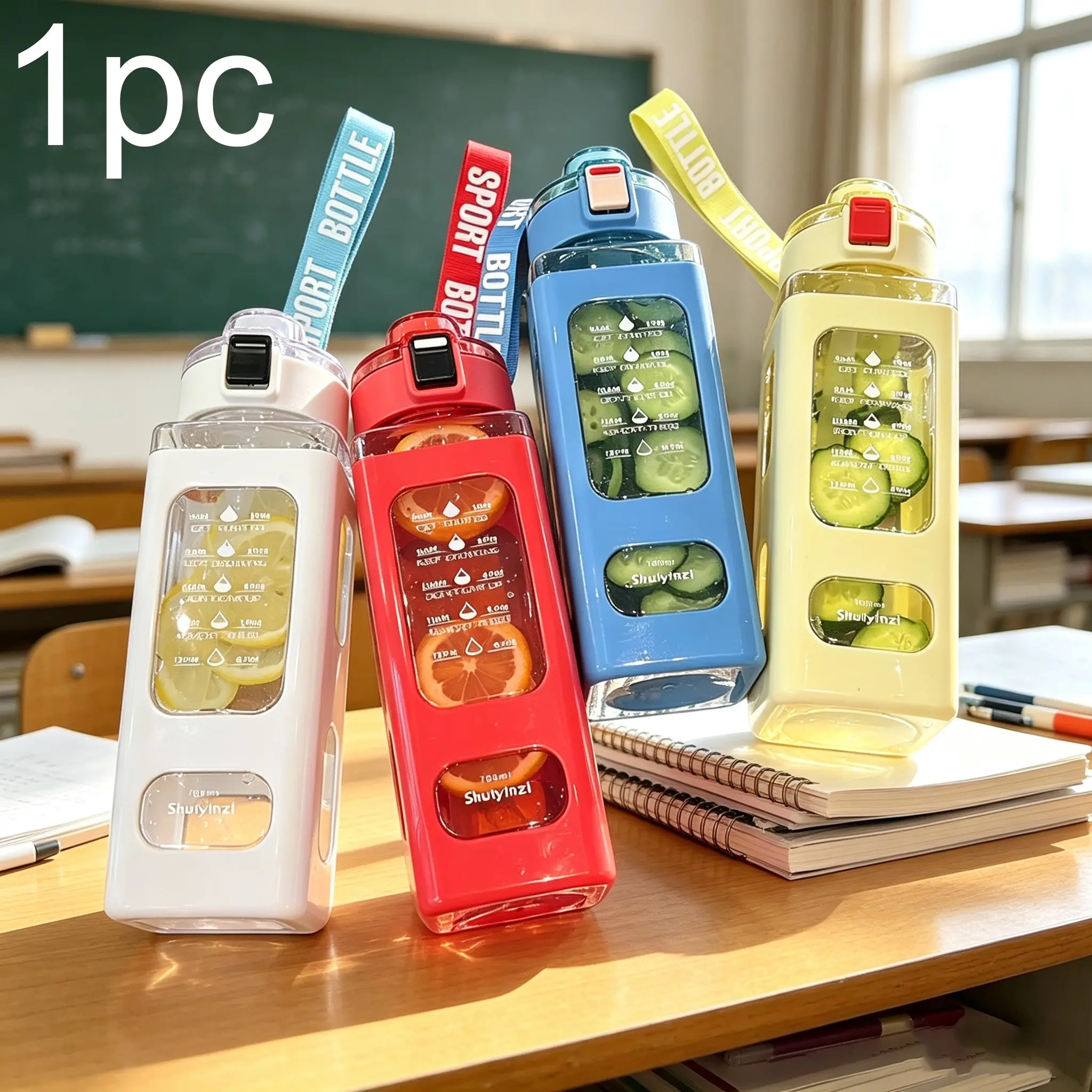 700/900ML Square Water Bottle, Leak-Proof Flip Lid Sports Cup, Multiple Colors, Time Marked, Ideal for Back-To-School Season, Leakproof Sports Bottle