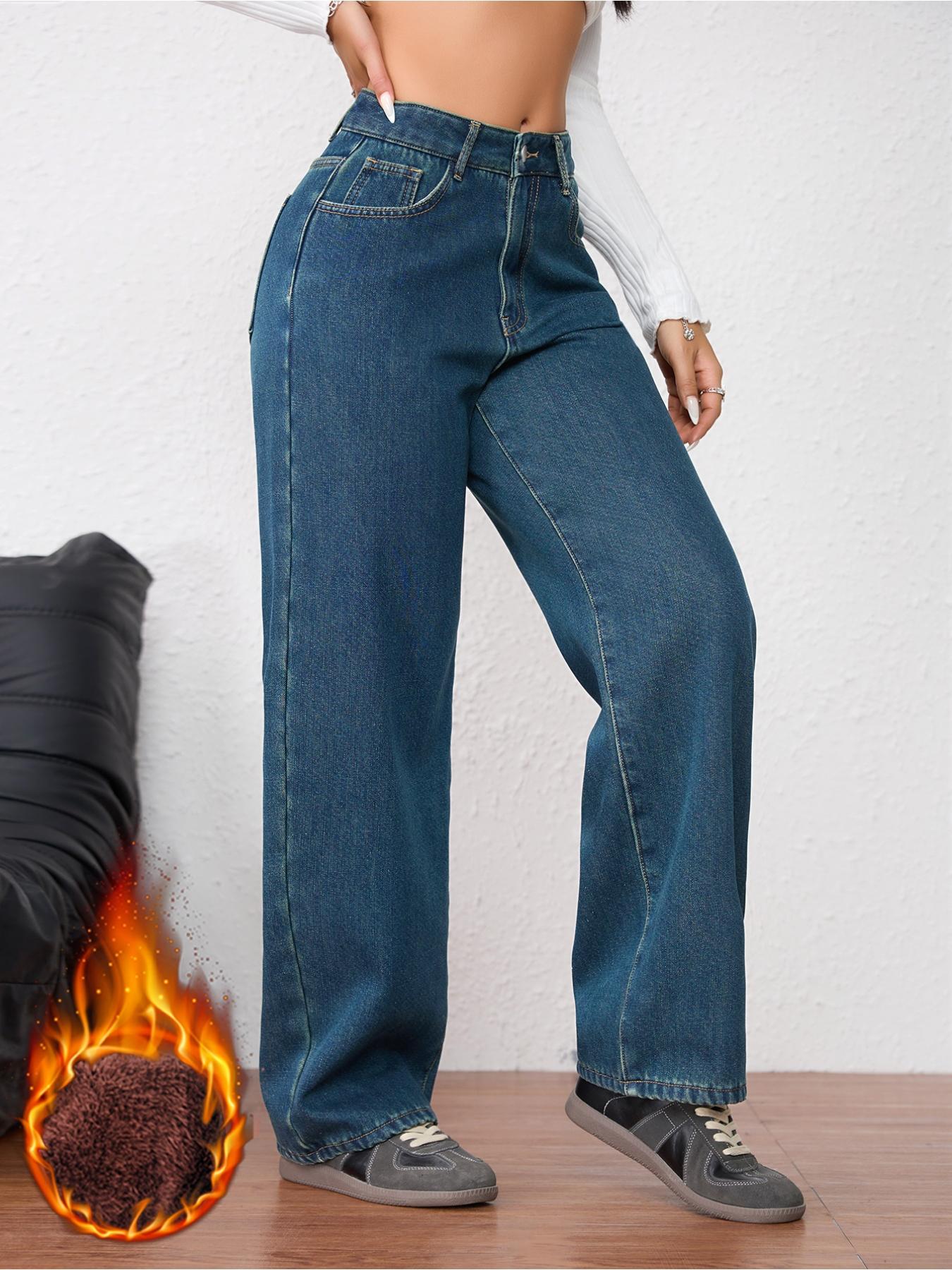Women's Vintage Fashion Fleece-Lined Thickened Winter Warm Wide Leg Straight Jeans Pants, Elegant Plain Style for Fall & Winter