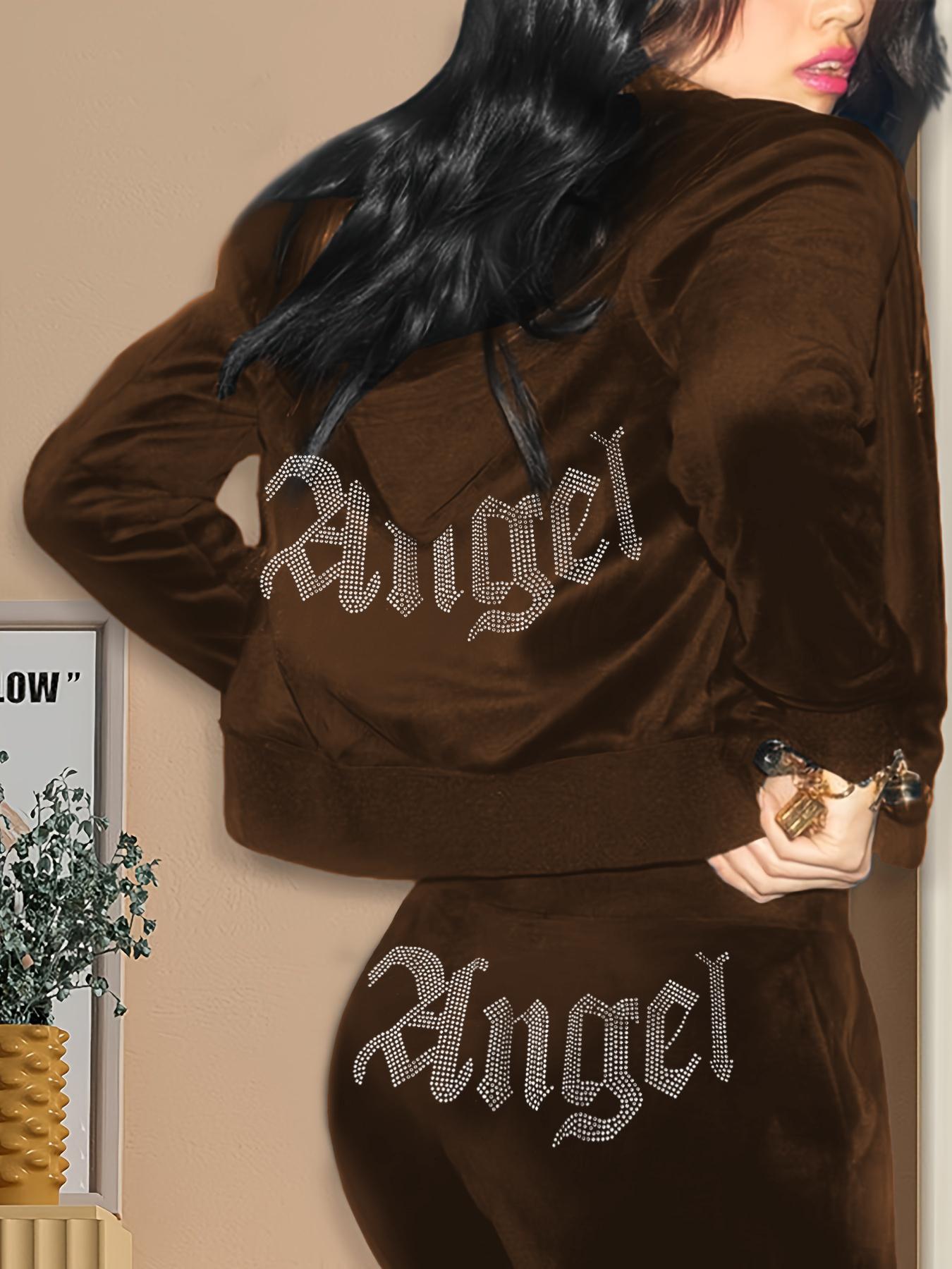 Women's "Angel" Rhinestone Letter Decor Pants Set, Casual Zip Up Hoodie & Elastic Waist Pants Set for Spring & Fall, Women's Clothes