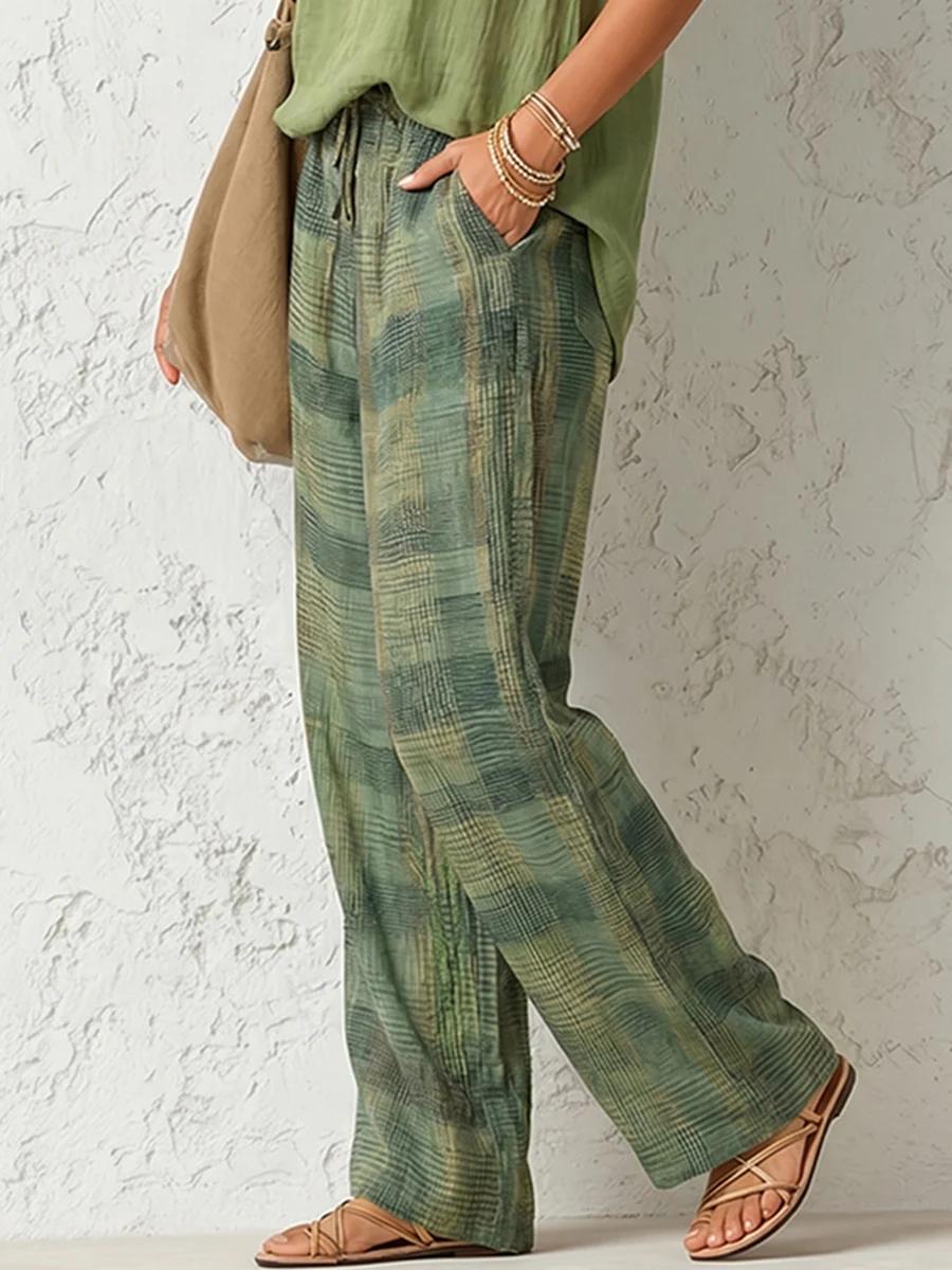 Women's High-Waisted Loose-Fit Contrast Color Plaid Pockets Polyester Bottoms, Casual Wear Pants, Trousers