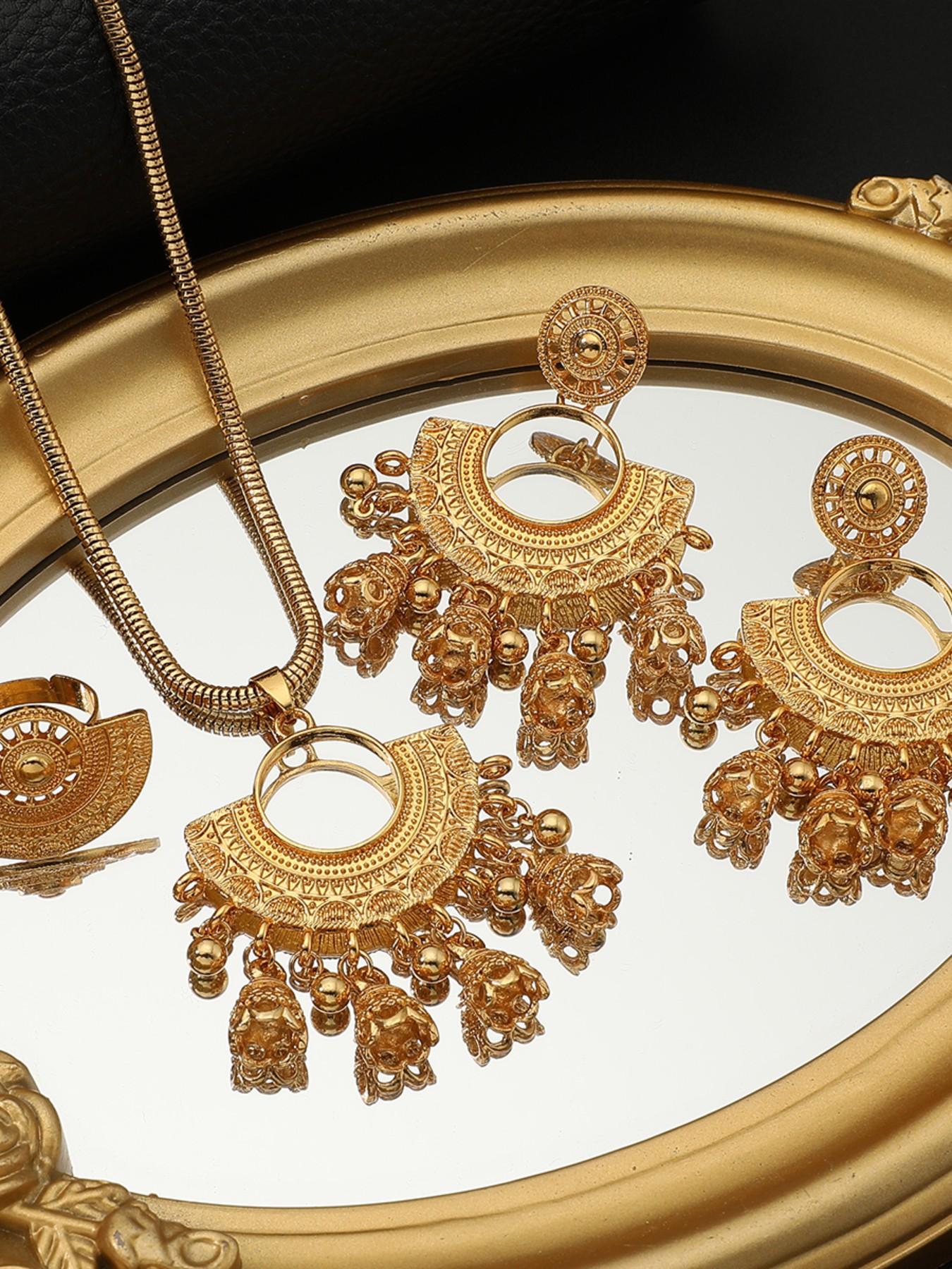 Vintage Bell Set Necklace Earrings Ring, Elegant Ethnic Wedding Party Accessories, All Seasons Jewelry Set