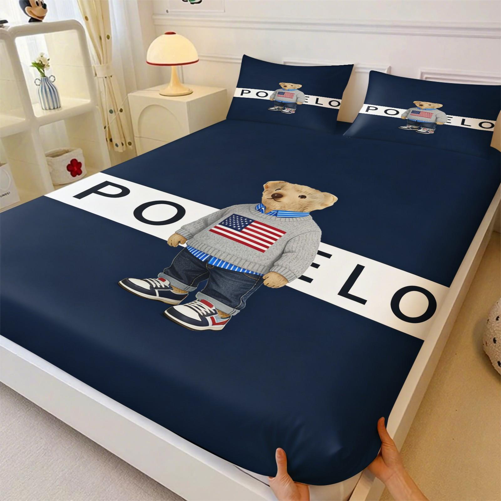 Teddy Bear Pattern Bed Sheet, Comfortable Printed Pattern, Includes 1 Bed Sheet and 2 Pillowcases, Comfortable Bedding, Non slip Dust Cover Suitable for Bedroom and Guest Room, Suitable as a Gift for Children or Adults, Bedsheet