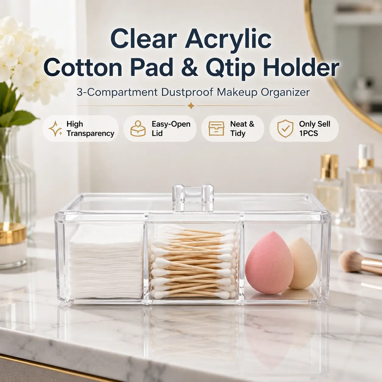 1PCS Clear Acrylic Cotton Pad & Qtip Holder with Lid, 3-Compartment Dustproof Odorless Makeup Organizer for Cotton Balls, Swabs, Beauty Sponges, Powder Puffs, Floss Picks, Bathroom Vanity, Dressing Table, Desk & Skincare Storage