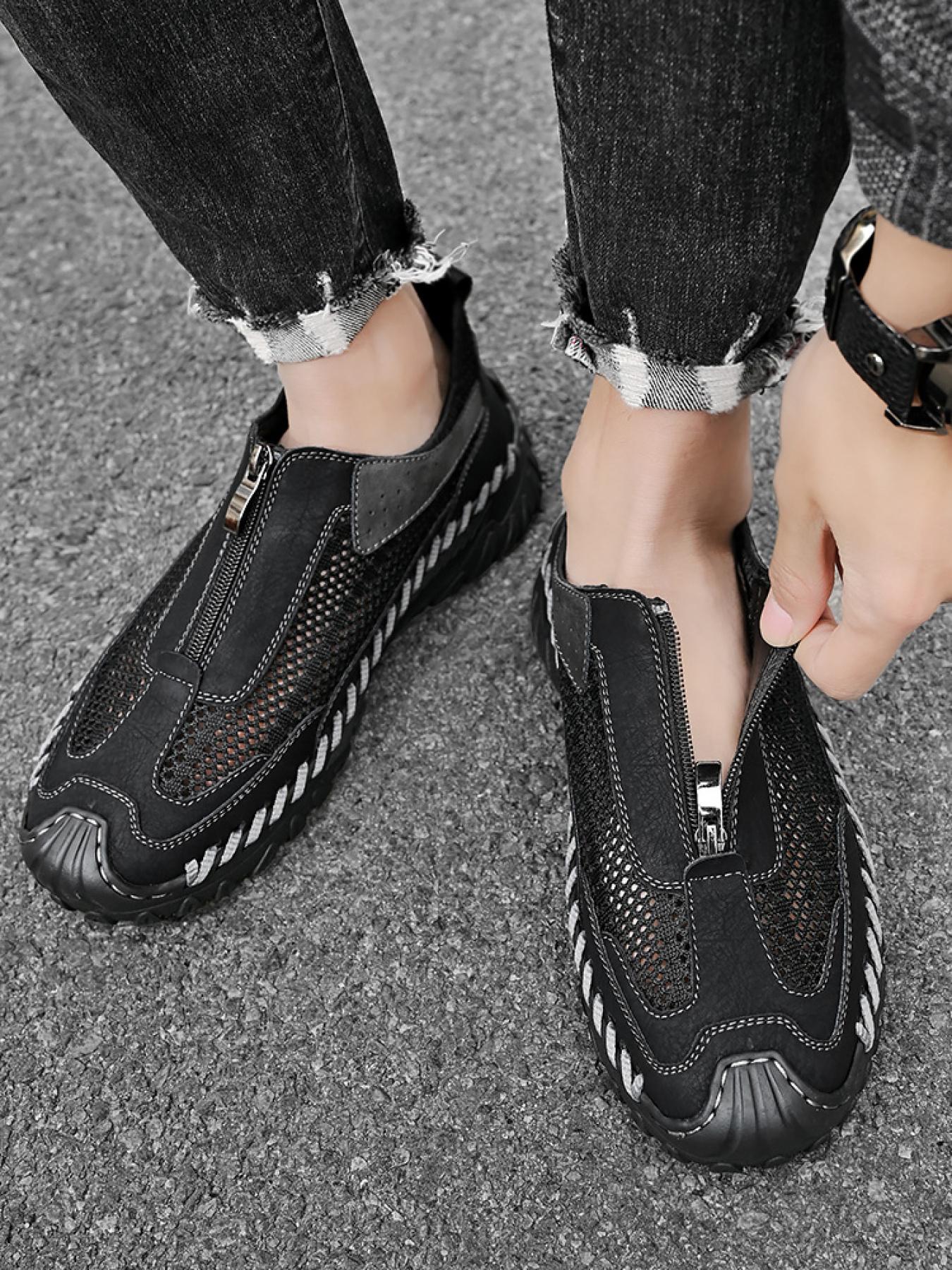 Men's Solid Color Mesh Zipper Toe Casual Shoes, Soft Sole, Non-Slip, Hand-Stitched, Breathable Slip-On Lazy Dad Shoes