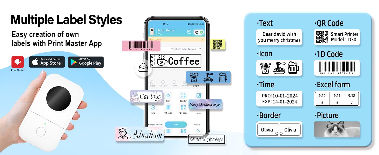 Phomemo D30 Model Label Maker Printing Machine - Portable Wireless Bluetooth Mini Thermal Sticker Printer, Smart Phone-Connected Handheld Labeler with High DPI, Pre-Set Fonts, Inkless Design for Home Office
