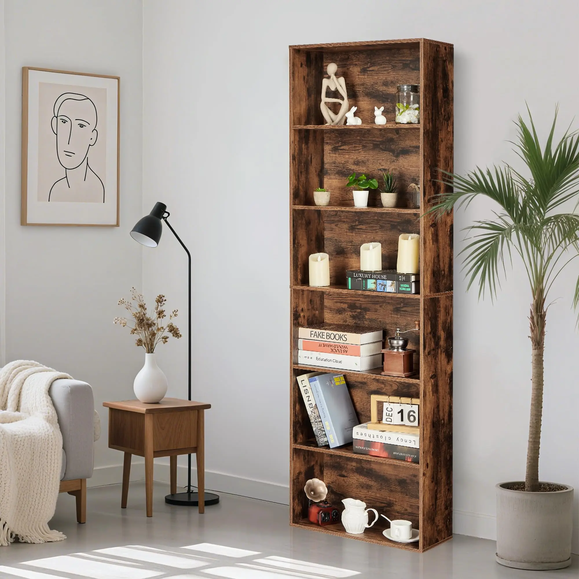 Industrial 6-Tier Rectangular Single Unit Tall Bookcase - 71.4" Height Modern Slim Sturdy Narrow Storage Organizer with Open Shelves for Home Office, Living Room