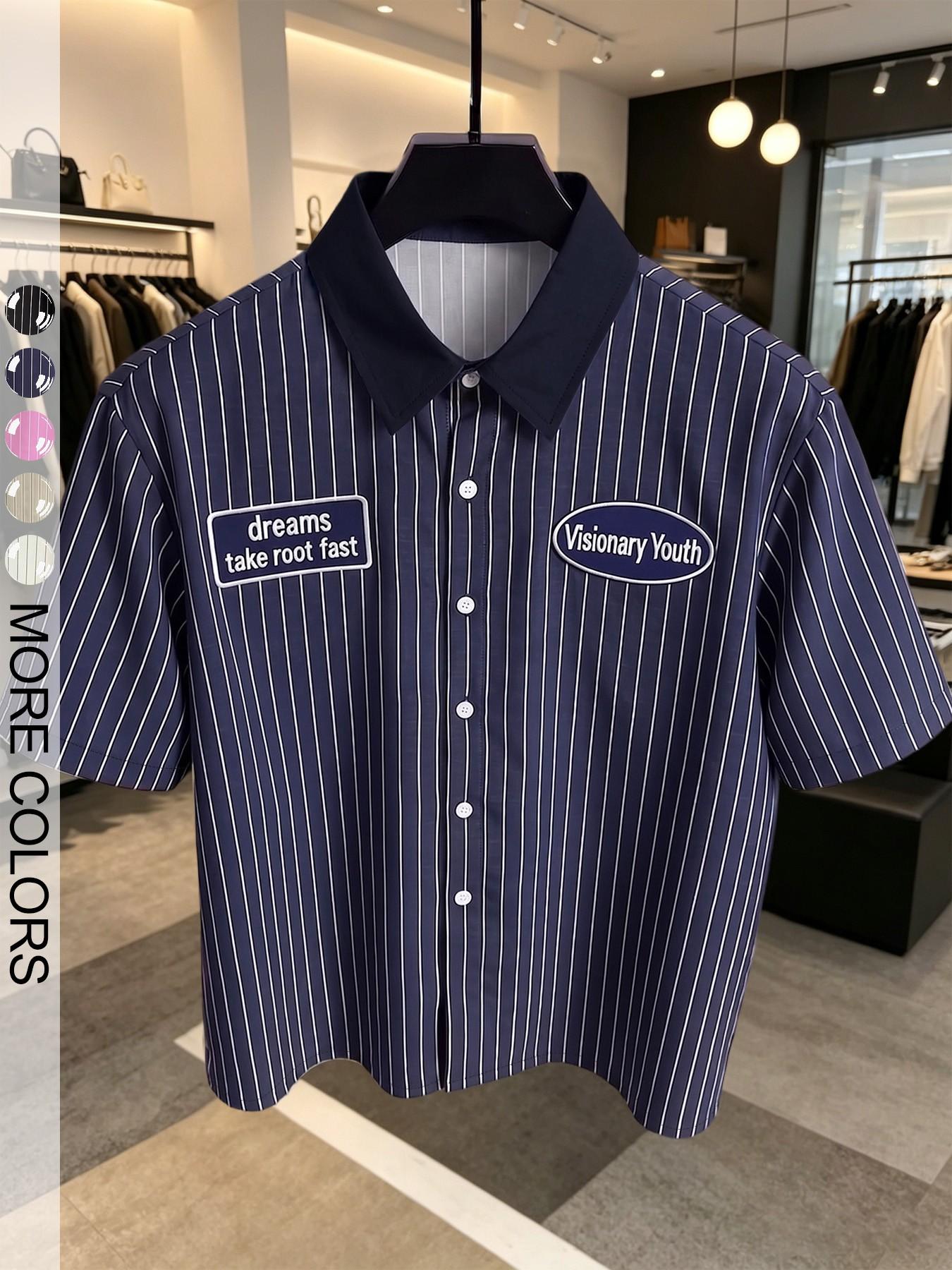 Vintage Plaid Patchwork Men's Short Sleeve Blouse, Loose Fit American Street Style Casual Top, Pop Art Print, with Button, with Collar