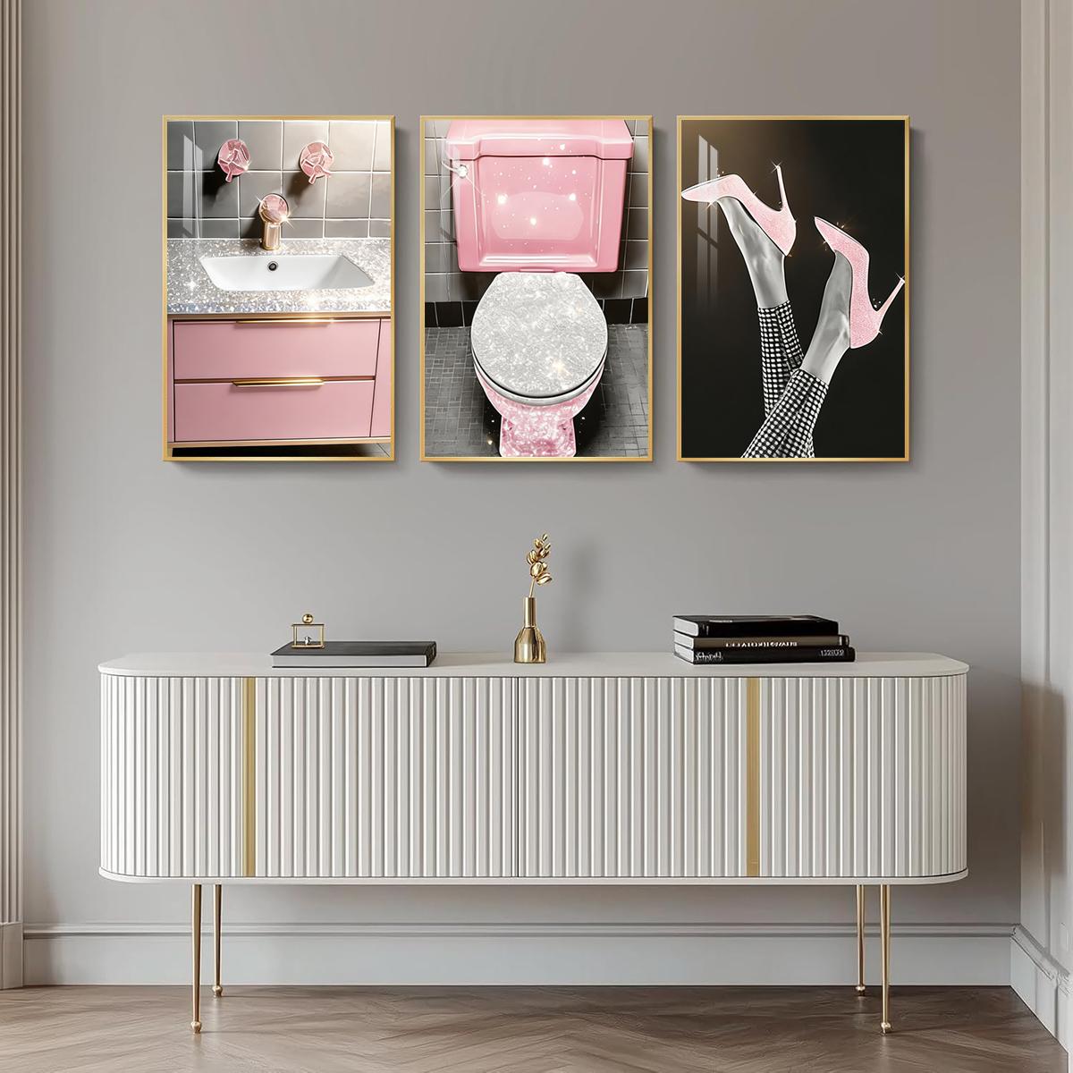 3 Counts Aluminum Alloy Framed Painting, Pink Glam Bathroom And High Heels Art Pictures, Home Decoration For Living Room, Bedroom, Office, Restaurant, Hallway Wall Decor, Odorless Print Artwork, Luxury Perfect Gift For Friends And Family