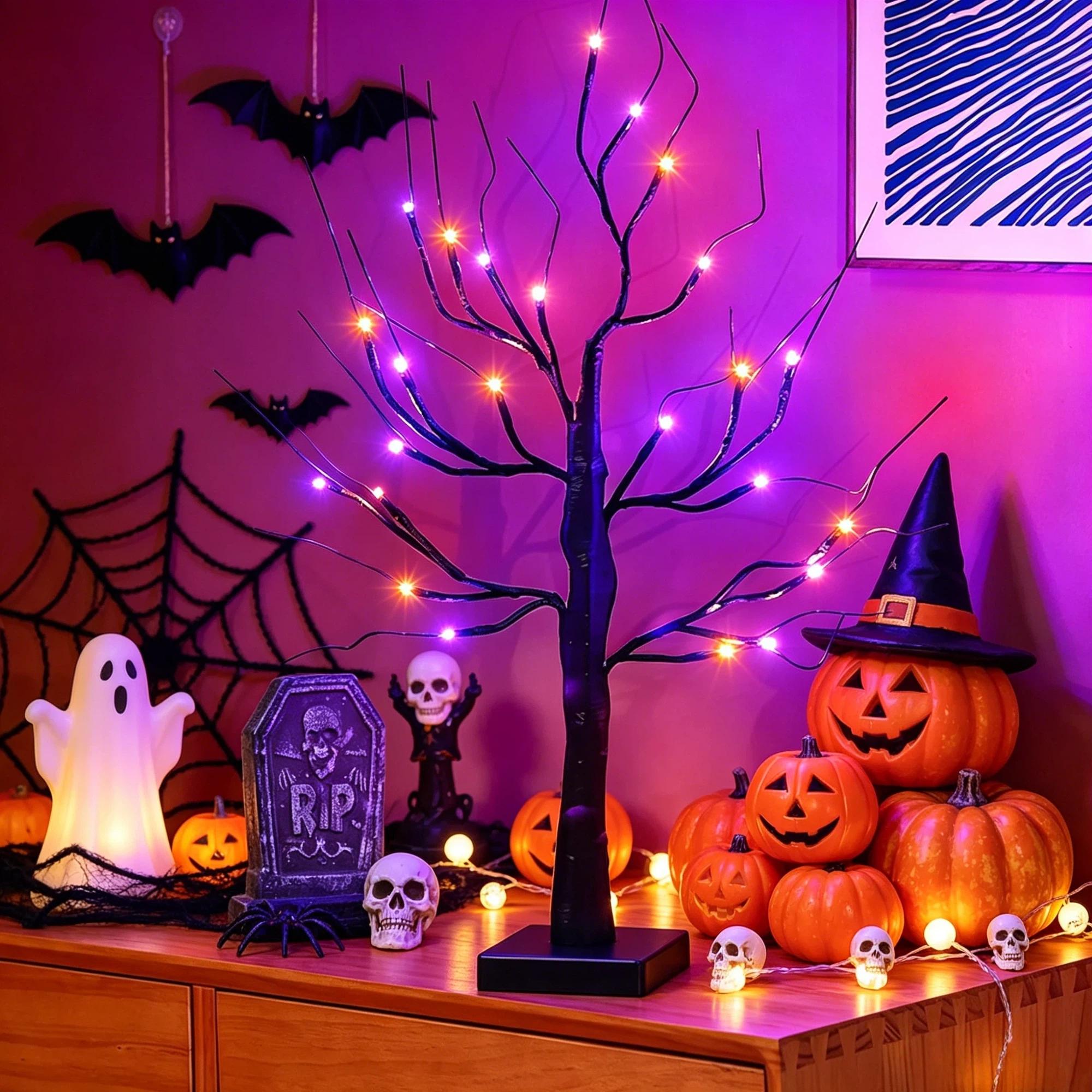 1/2 Pack 24 Inch Black Halloween Ghost Tree Light with 24 LEDs Orange & Purple Lights, USB & Battery Powered, DIY Hanging Ornament Table Lamp for Bedroom Haunted House Thanksgiving Autumn Seasonal Home Party Decor (Battery Not Included)