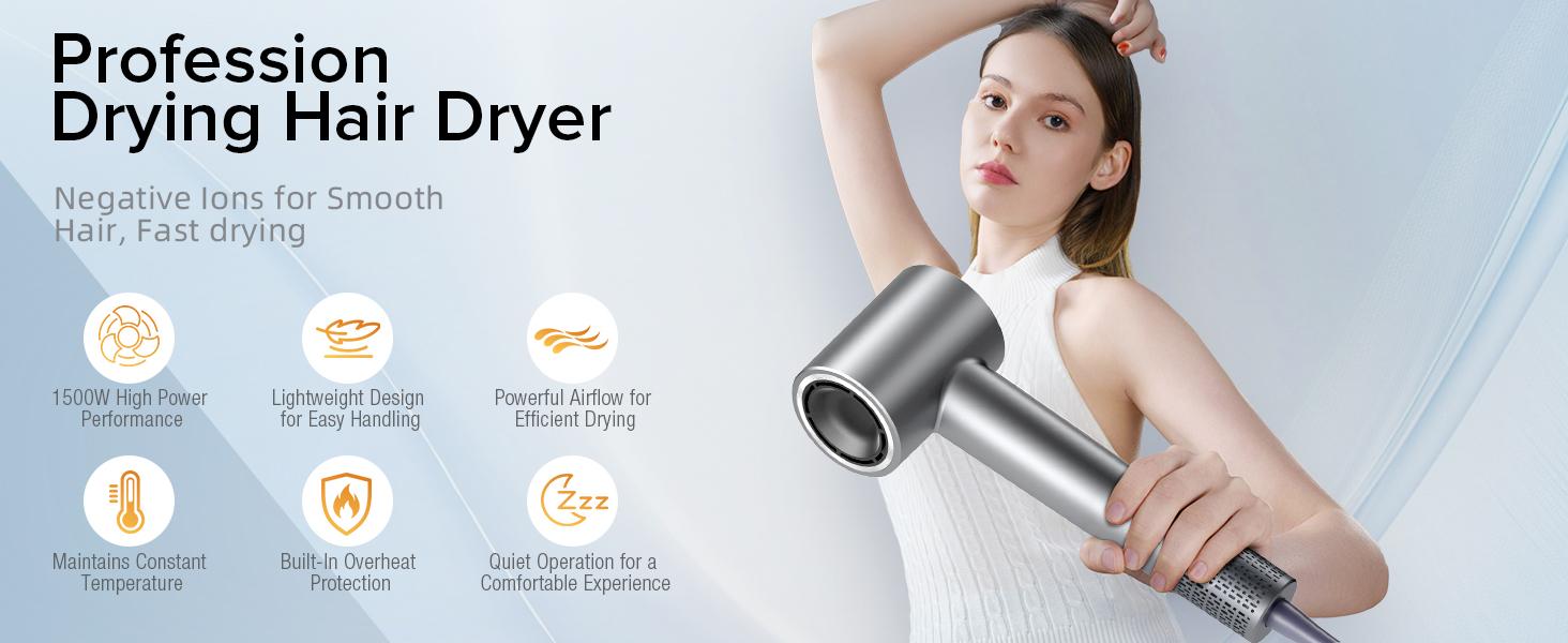 Hair Dryer with 150,000 RPM Brushless Motor – Fast Drying, 3 Heat Settings, LED Indicator, Ionic Technology, Quiet & Lightweight with Diffuser
