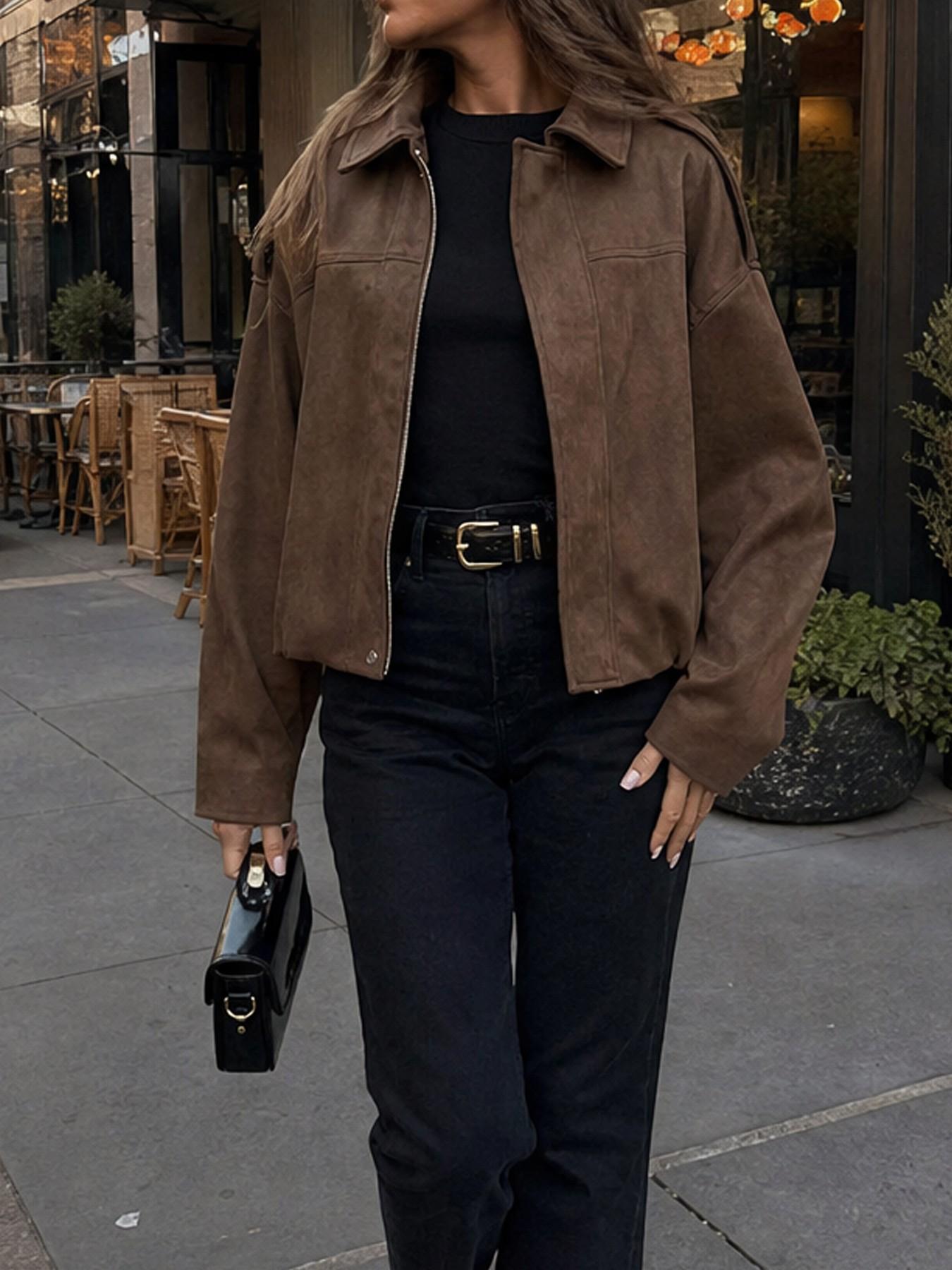 Women's Fashion Loose Short Zipper Jacket, Notched Collar Long Sleeve Pilot Coat, with Pockets, Essential for Autumn