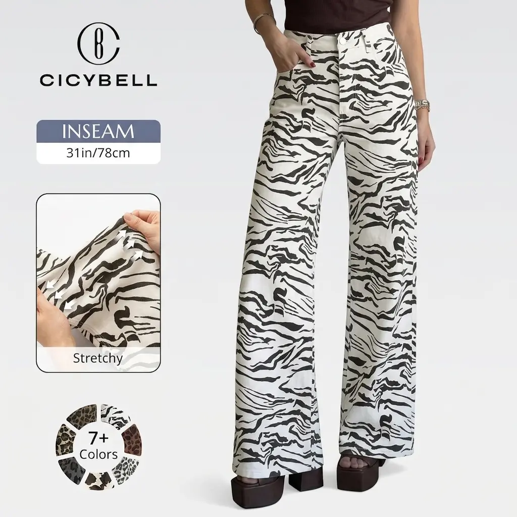 Cicy Bell Womens Wide Leg Jeans High Waisted Leopard Baggy Stretchy Denim Pants with Pockets Cicy Bell Womens Wide Leg Jeans High Waisted Leopard Baggy Stretchy Denim Pants with Pockets