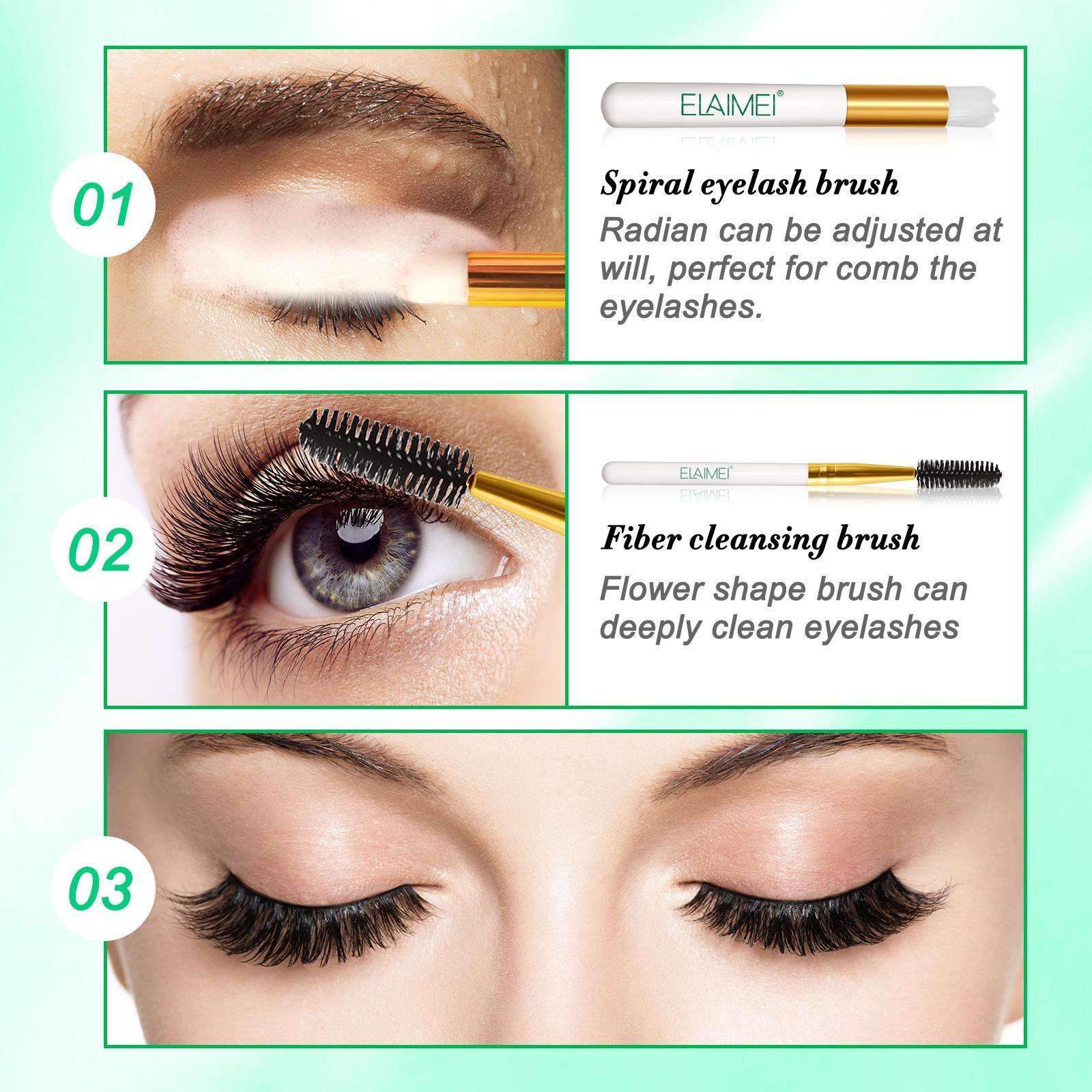 ELAIMEI Eyelash Cleansing Kit, includes 50ml of eyelash cleanser + an eyelash cleansing brush + an eyelash comb. Removes makeup residue from both false and natural lashes, leaving your lashes cleaner.