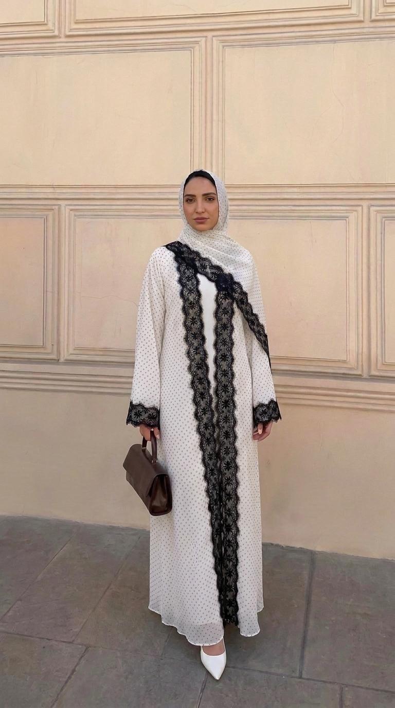 CL84 Elegant polka‑dot open abaya with matching hijab, delicate floral lace trim, soft premium‑quality fabric. White‑black and black‑white lace versions. Great for daily and formal occasions, ideal modest wear for hijabi women.