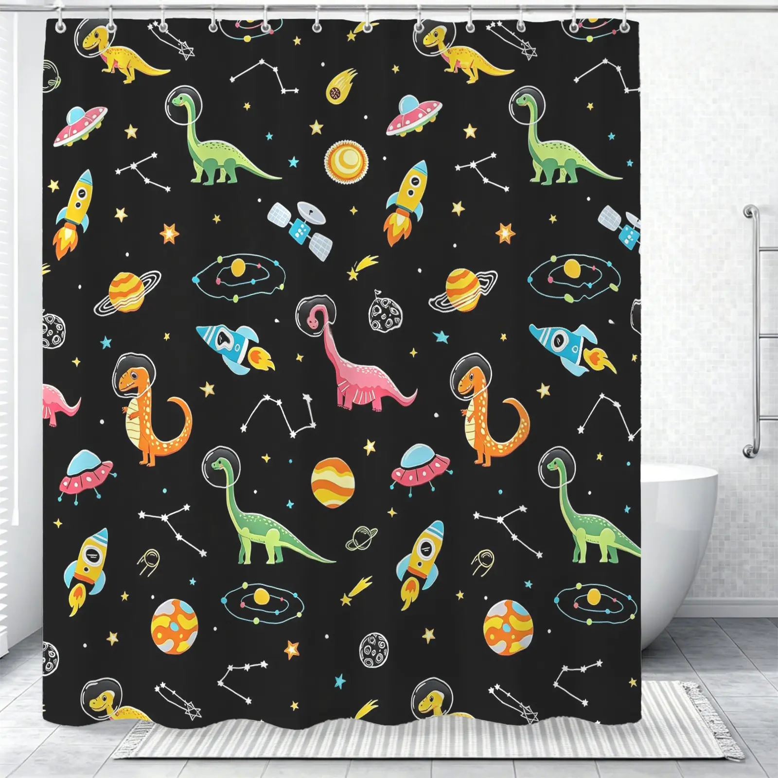 Cute Space Dinosaur Shower Curtains Cartoon Dinosaur Bathroom Curtain for Kids Women Men Outer Space Bathroom Accessories Universe Planets Waterproof Polyester for Stalls Bathtubs with 12 Hooks
