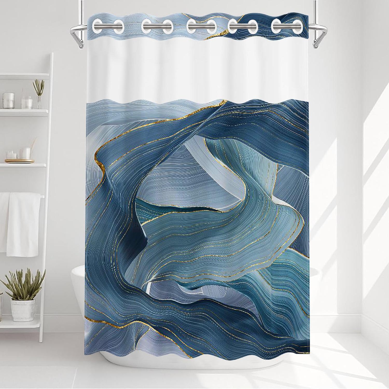 1PC double-layer large ring shower curtain, blue wavy line interwoven pattern, shower curtain, high-end quick drying hanging curtain, bathroom, curtain, waterproof, mildew proof curtain