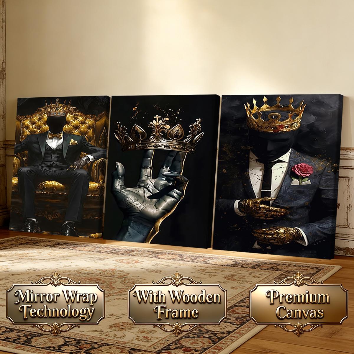 3 Counts Wooden Framed Canvas Painting, Golden Crown King Abstract Art Images, Exquisite Poster, Perfect Living Room Decoration, Modern Home Decor, Modern Art, Fashion Family Poster, Wall Art Decoration, Waterproof Art, Abstract Design