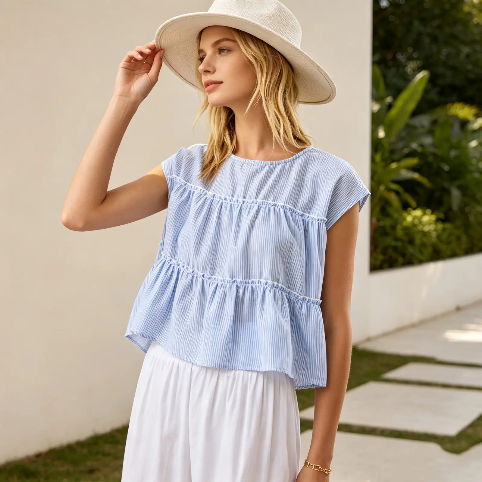 Women Short Sleeve Round Neck Babydoll Shirt, Loose Casual Flowy Babydoll Blouse Going Out Top