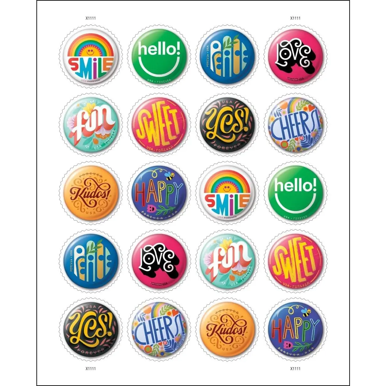 Pinback Buttons Text Designs 2024, Sheet of 20 First-Class Mail Forever Postage Stamps