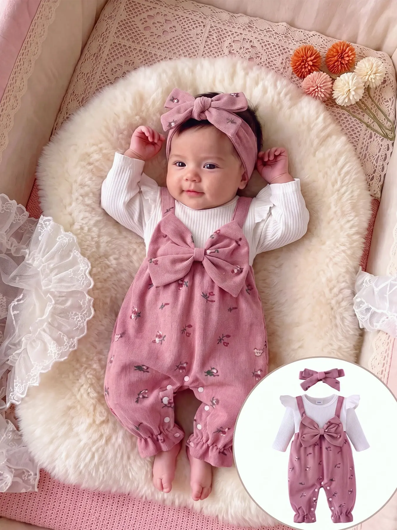 Baby Girl Spring Summer Sweet Cute Two-Piece Solid Color Plaid Patchwork Butterfly Knot Floral One-Piece Pants with Hairband Infant Outfit
