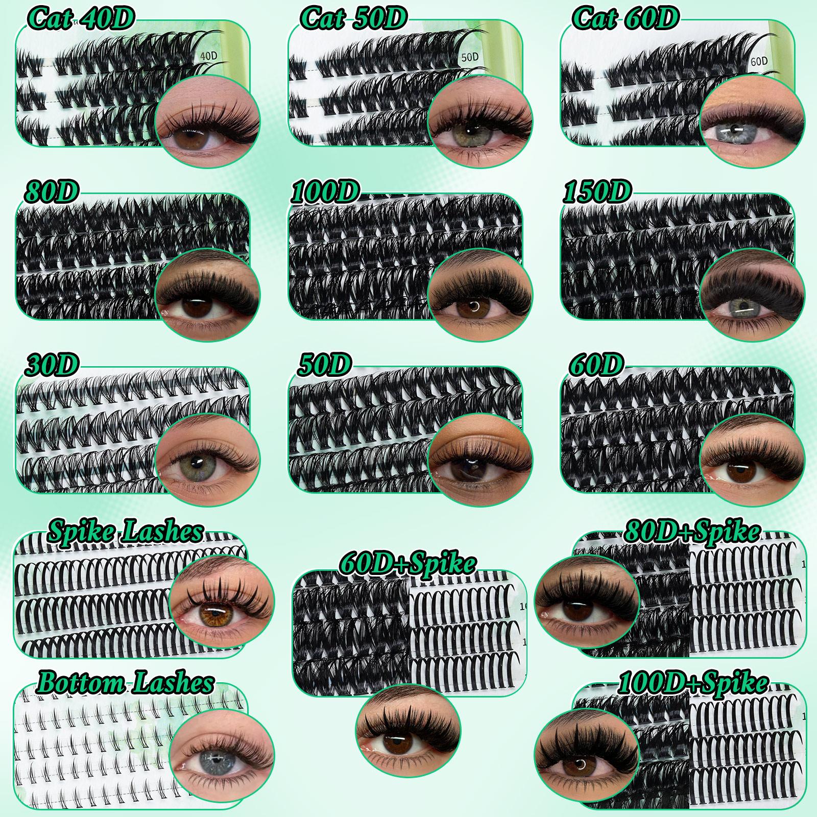 1915 PCS Lash Clusters Kit D Curl 11 Styles Cat/Volume/Bottom Lashes Kit with Bond&Seal, Eyelash Glue, Lash Remover Brush Lash Applicator Headband Wristband set, Cosmetic Eyelash Extension, and Lash Shampoo&Brush, for Beginners&Proficient
