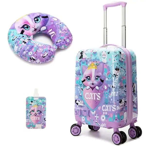 Kids Cute Cat Theme Hard Shell Spinner Luggage Set with Spinner Wheels, Travel Neck Pillow, Luggage Tag (Travel Set for Girls)