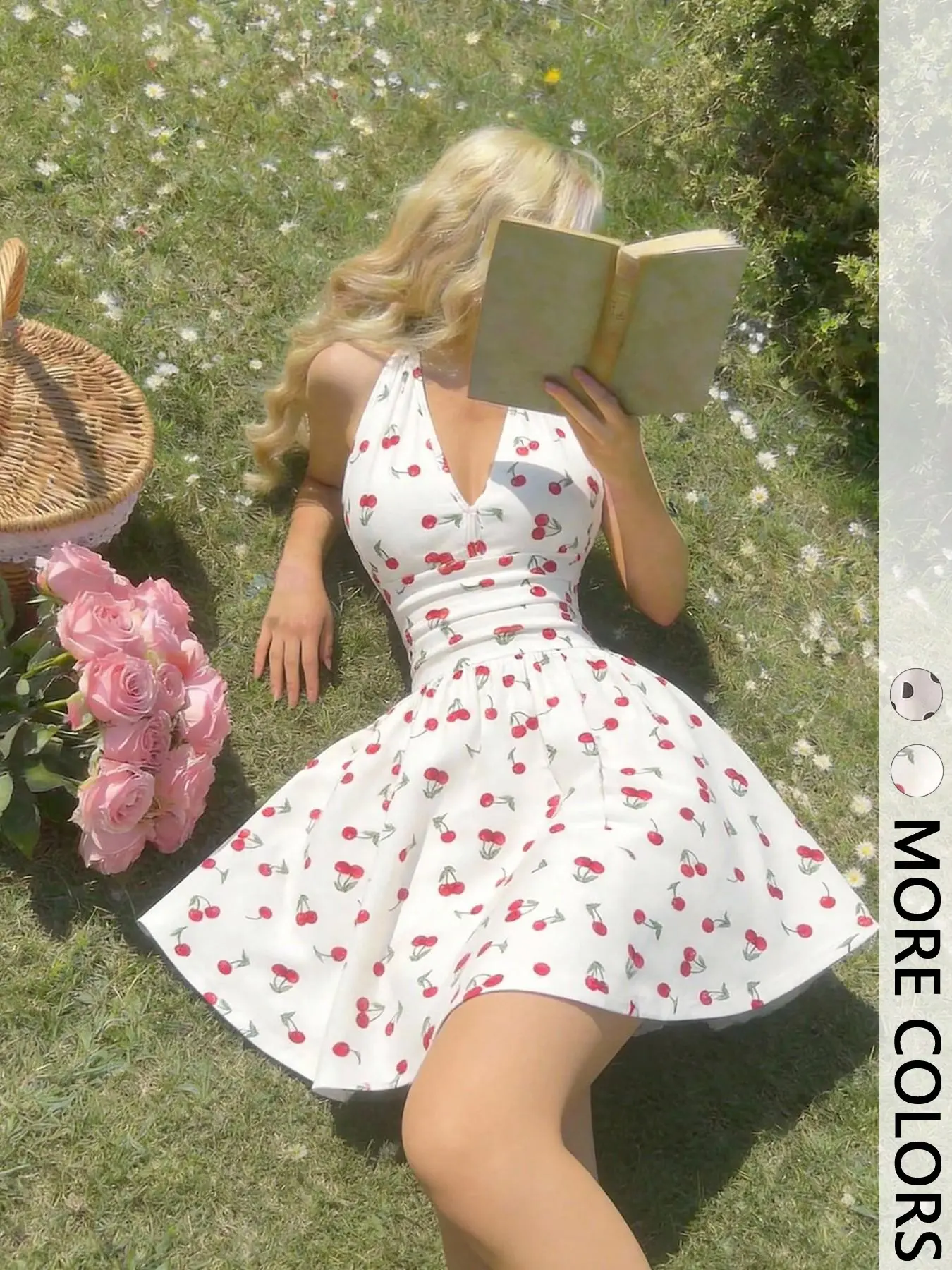 Women Cherry Print Halter Mini Dress Deep V Neck Ruched Waist Flared A Line Short Sundress Summer Holiday Beach Outfit Sleeveless Backless Fit And Flare Skater Dress Going Out Casual Dating Party Mini Dresses For Ladies