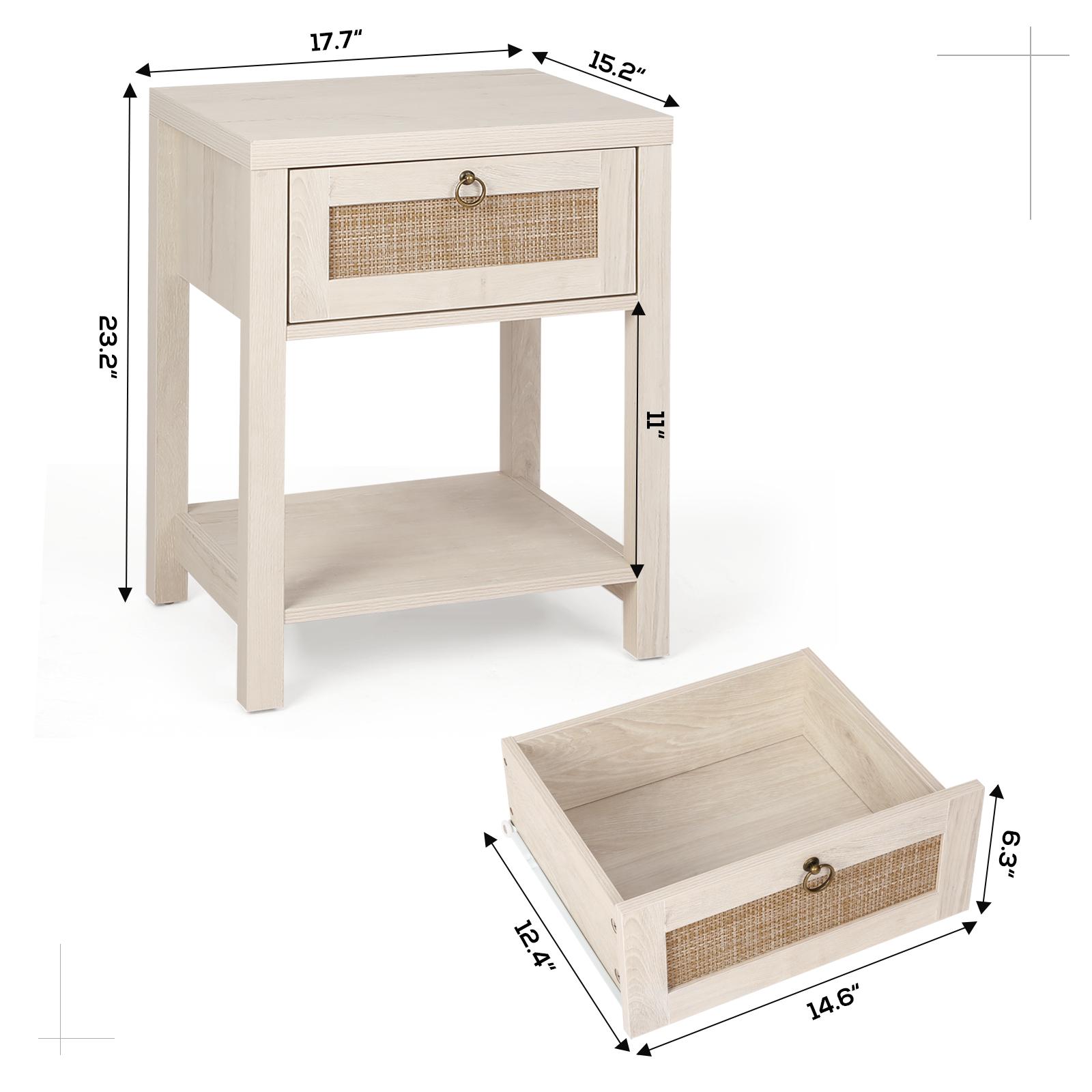 VOWNER 2 PCS Gray Rattan Nightstand Set of 2, Wood Night Stand with Vintage Metal Pull Handle, Bedside Table Boho End Tables Side Tables with Storage Shelf, for Bedroom