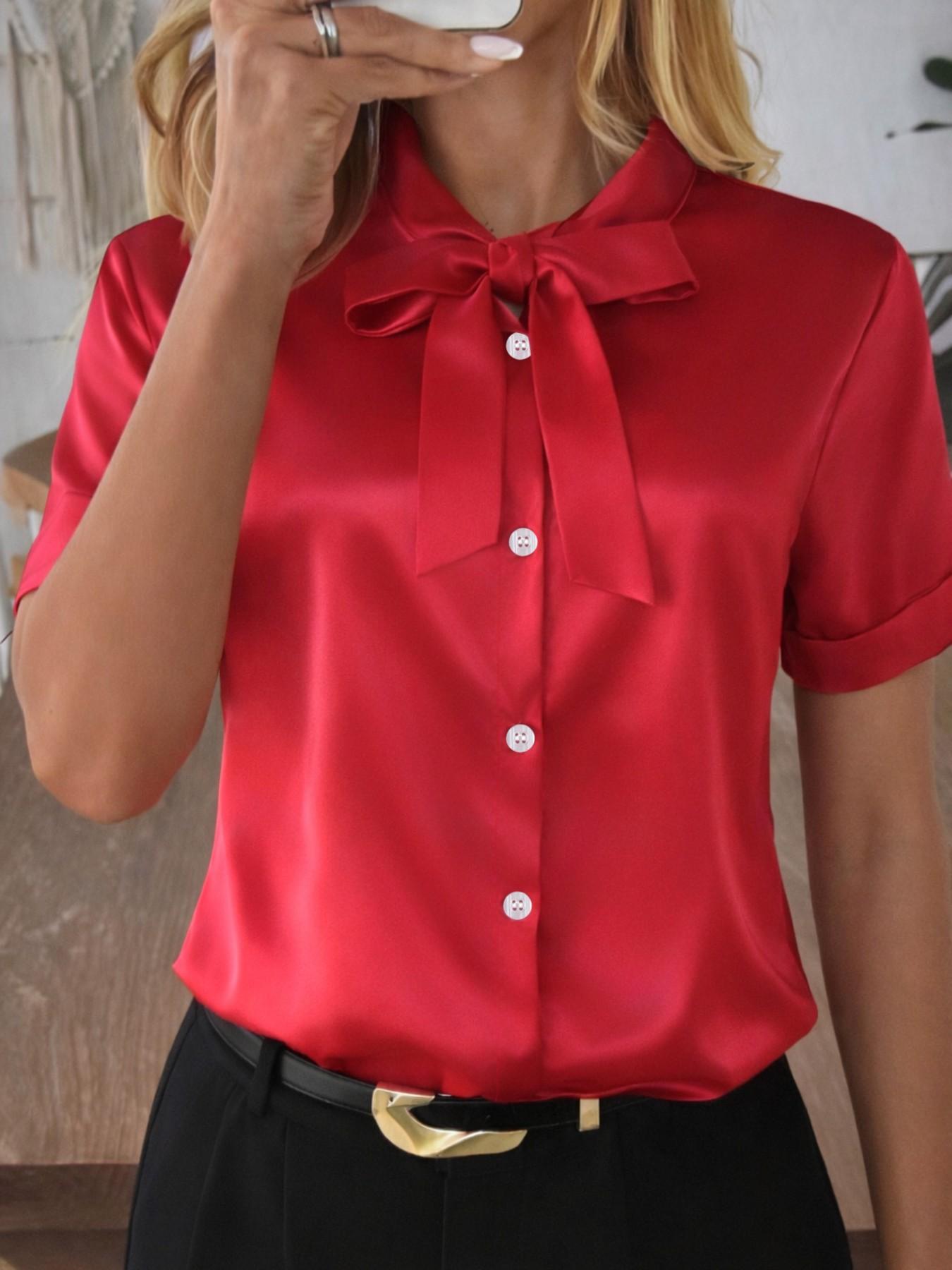 Classic short-sleeved satin shirt with a ribbon detail at the neckline, Fitted Elegant solid color, perfect for spring and summer wear. A stylish women's Smooth Blouse
